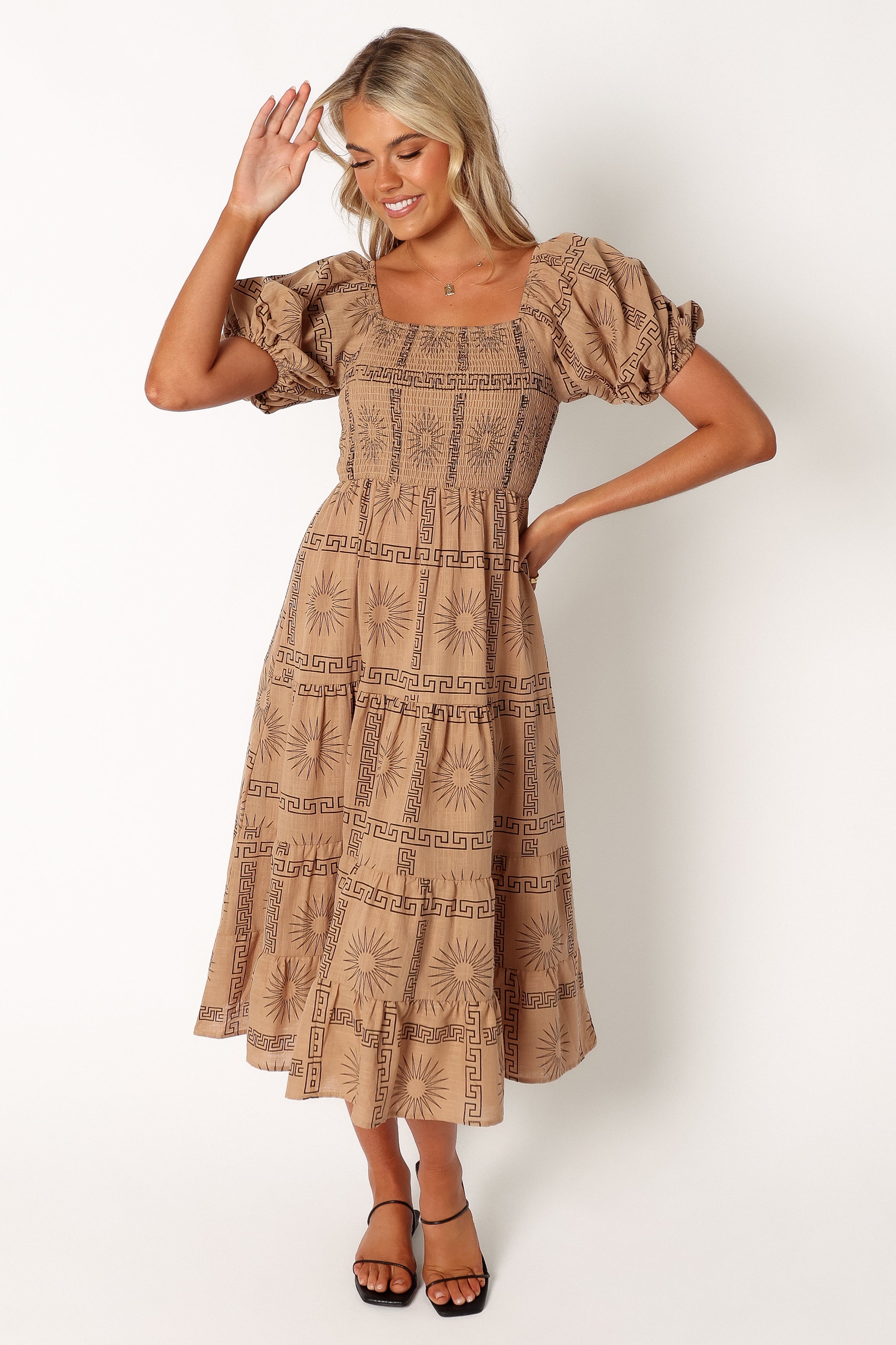 Soliel Cotton Puff Sleeve Midi Dress with Square Neckline - Tan Black