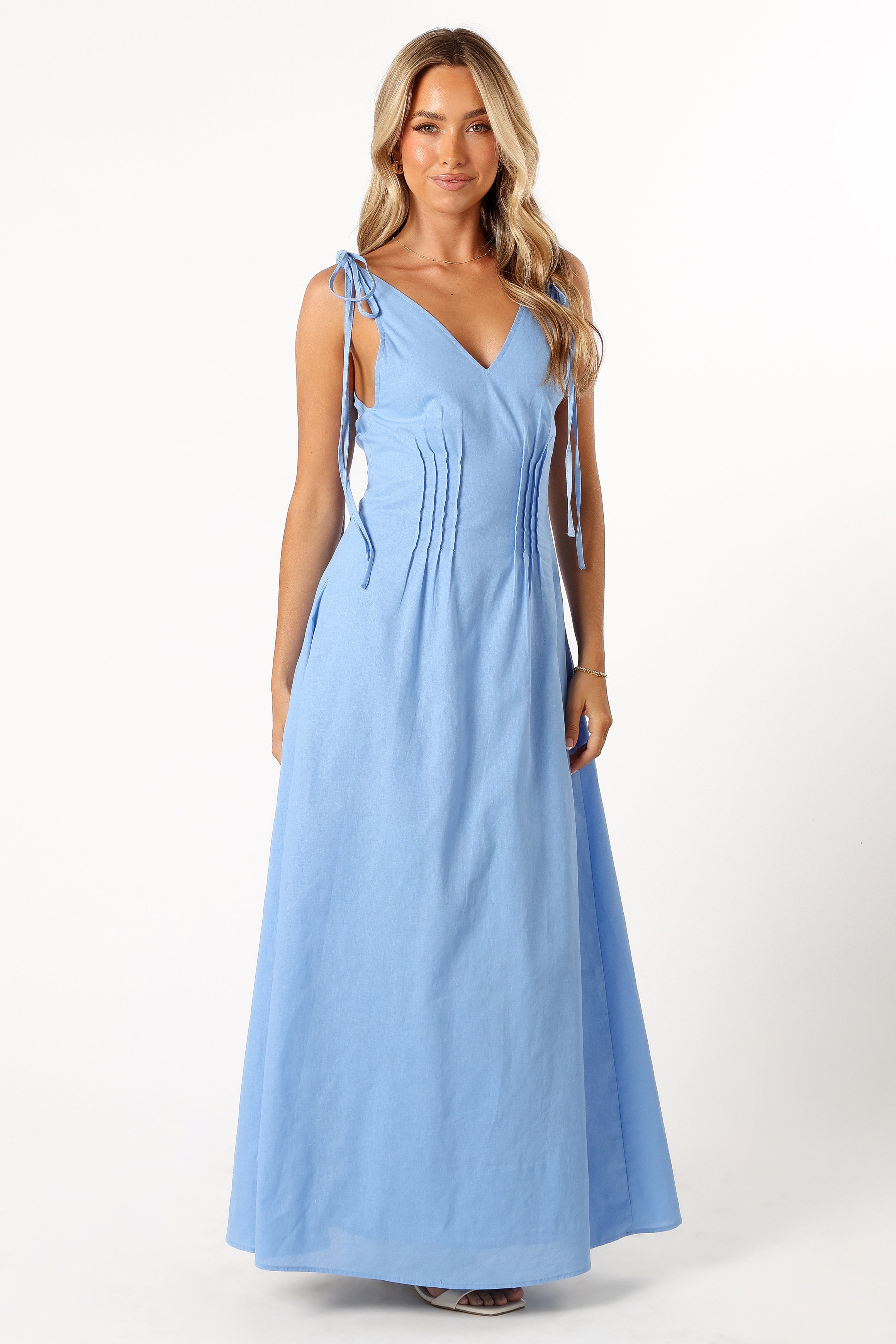 Lainey Blue Tie Maxi Dress with V Neckline & Pleat Detail