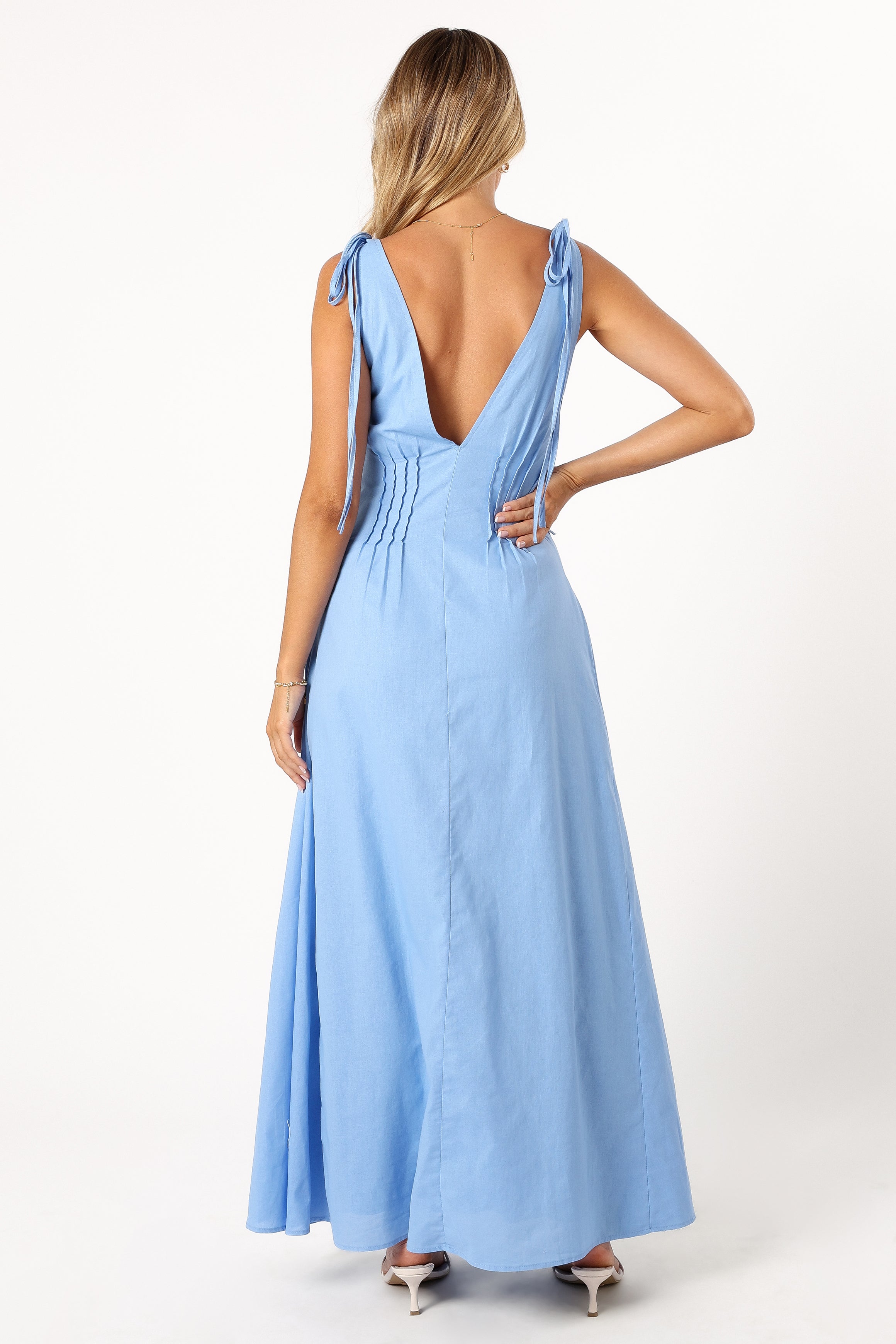 Lainey Blue Tie Maxi Dress with V Neckline & Pleat Detail
