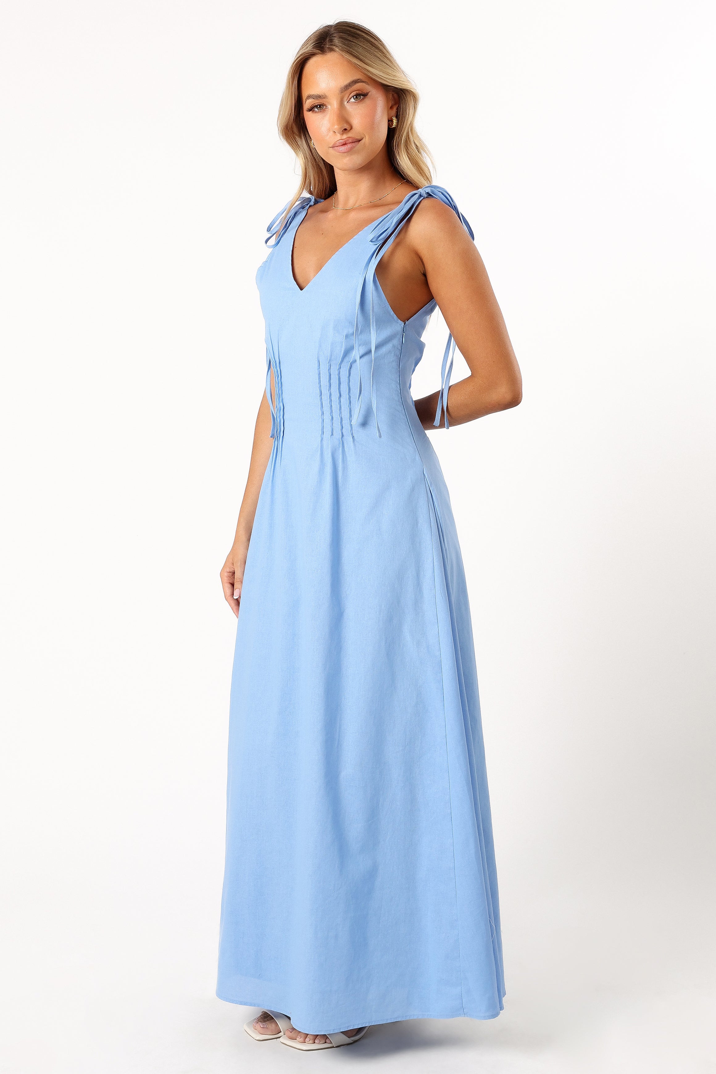 Lainey Blue Tie Maxi Dress with V Neckline & Pleat Detail