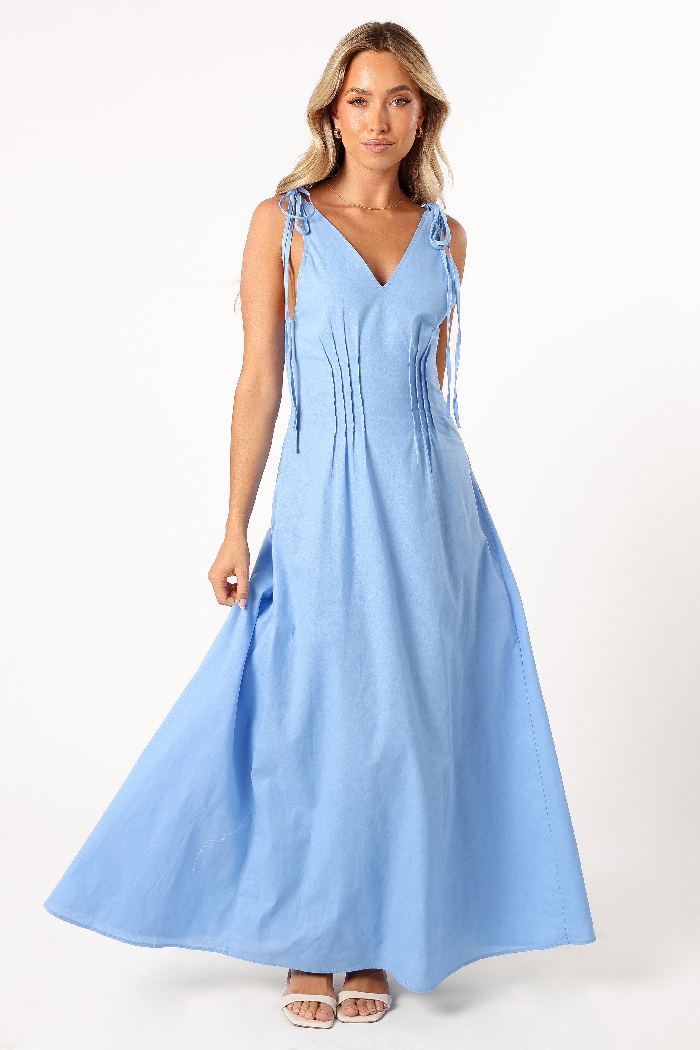 Lainey Blue Tie Maxi Dress with V Neckline & Pleat Detail