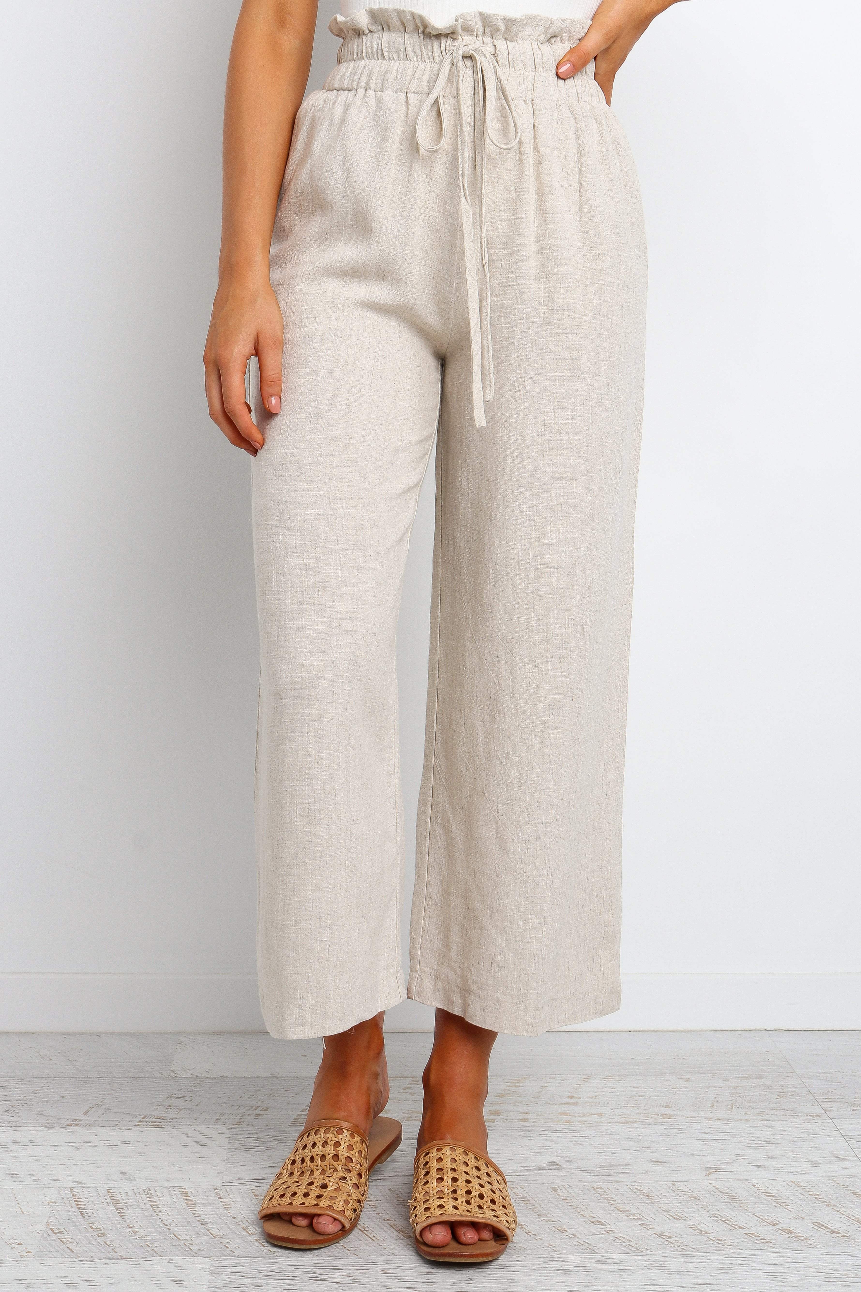 Linen Blend High Waisted Hawthorne Pants - Beige