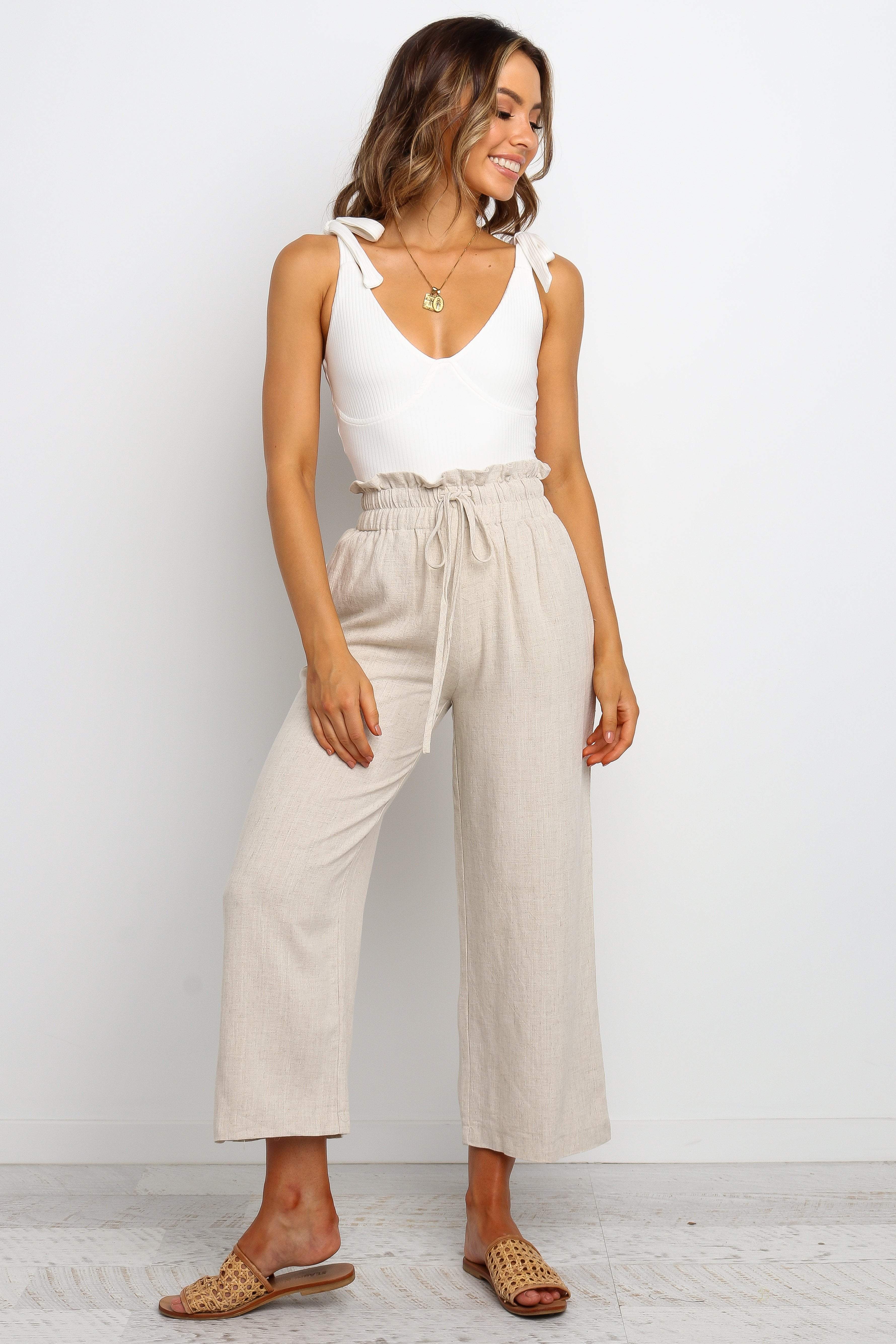 Linen Blend High Waisted Hawthorne Pants - Beige