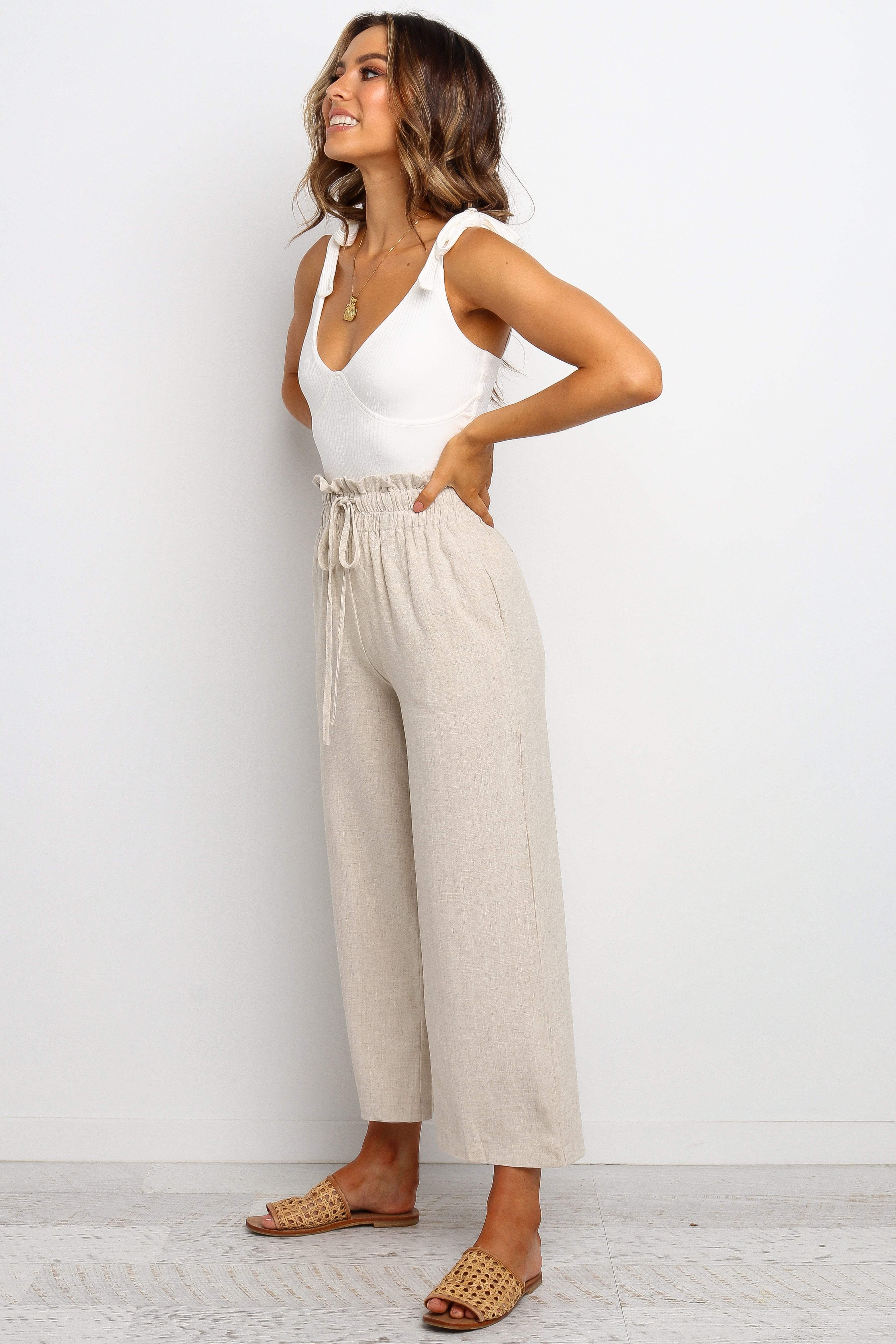 Linen Blend High Waisted Hawthorne Pants - Beige