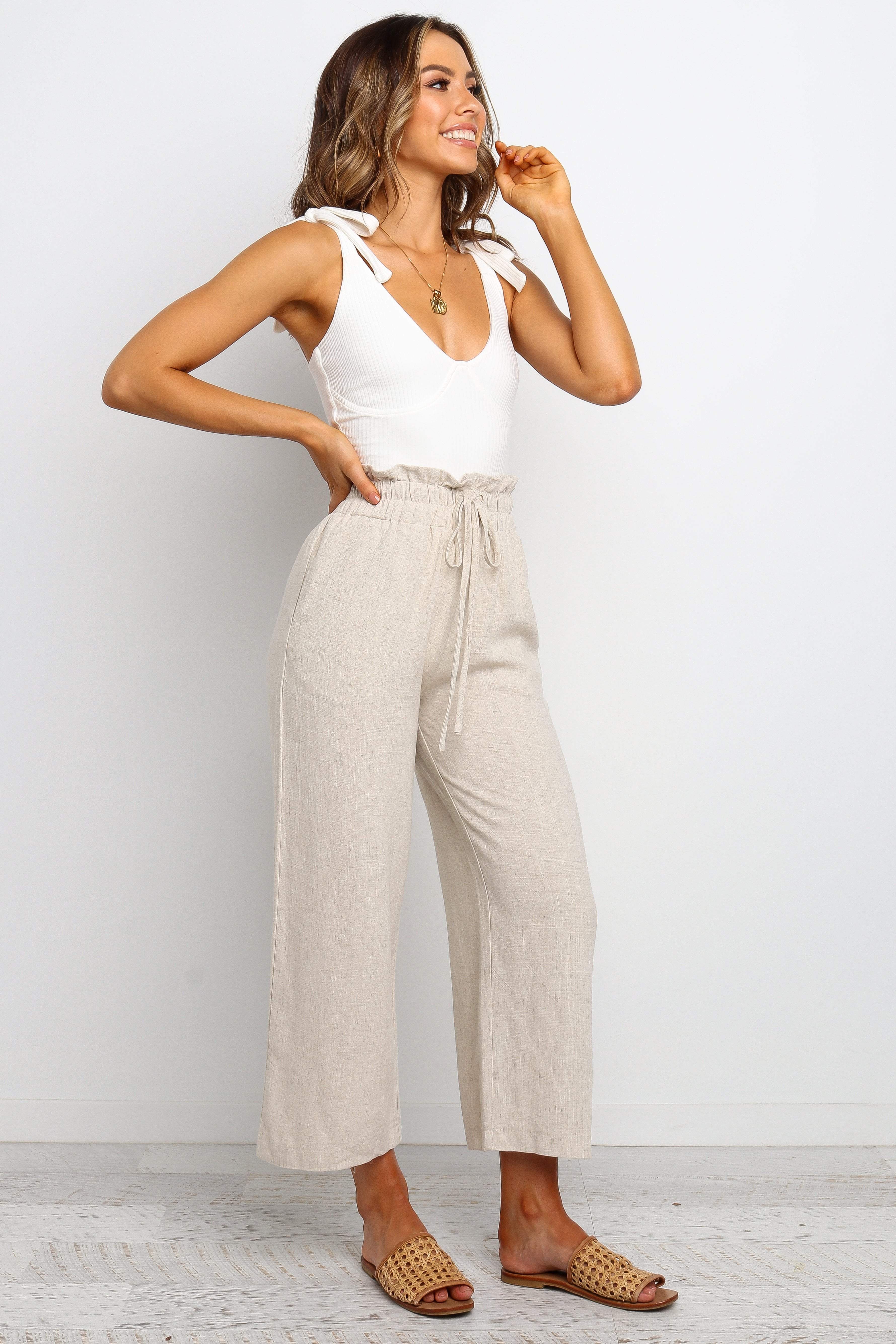 Linen Blend High Waisted Hawthorne Pants - Beige