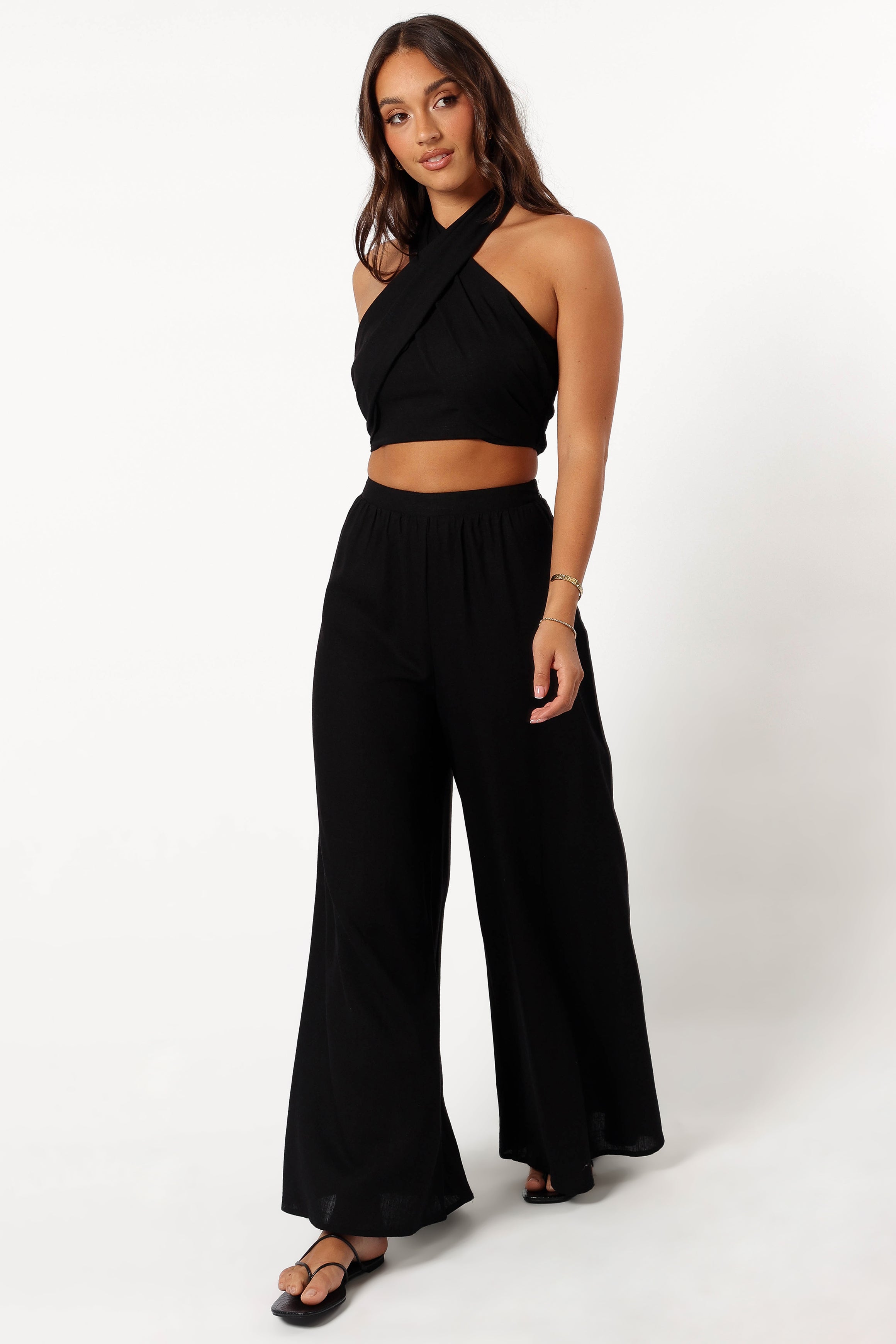 Black Halterneck Pant Set - Cropped Top & Wide Leg Pants