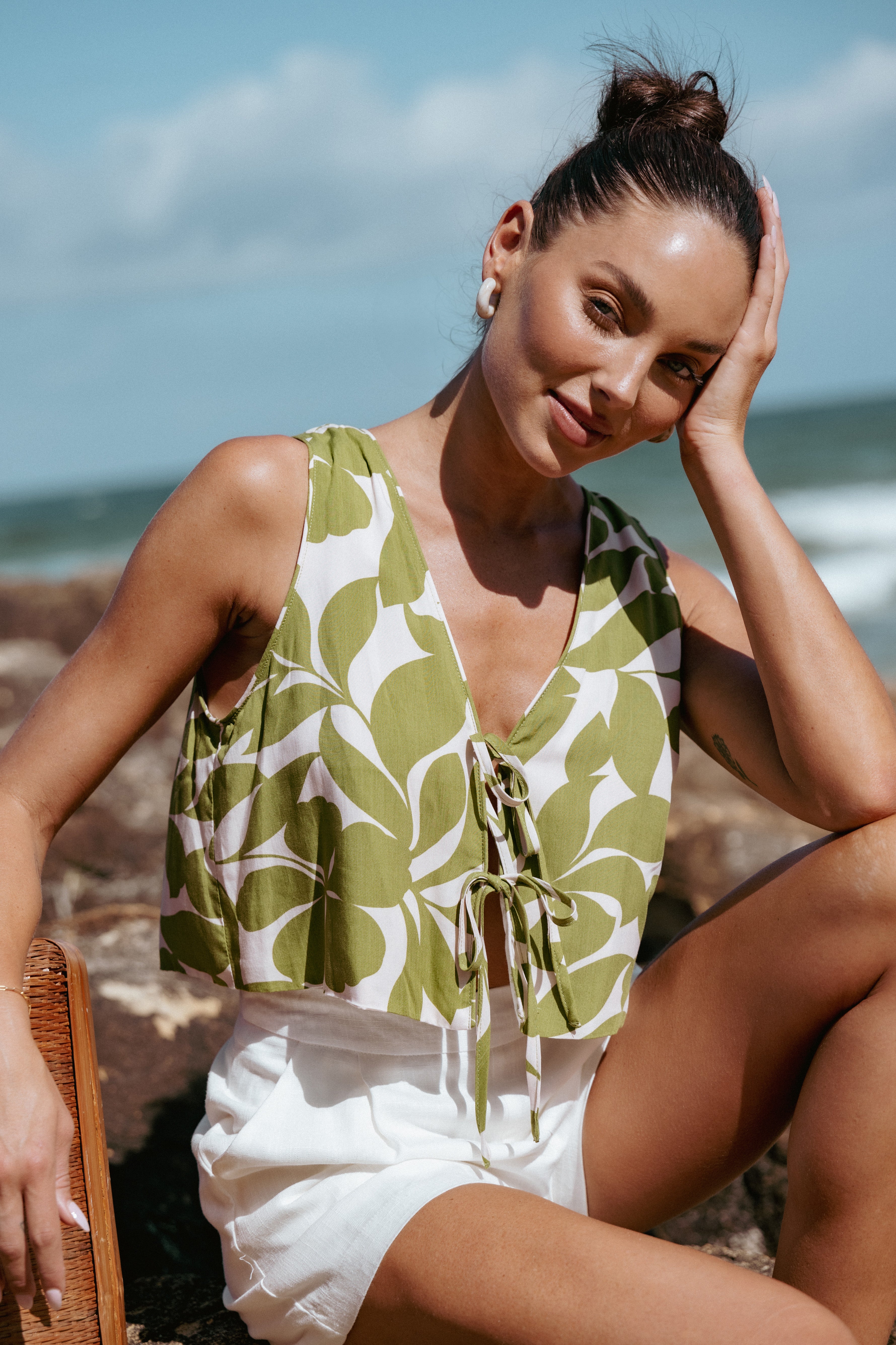 Valia Floral Tie-Front Cropped Top - Green Rayon Blouse