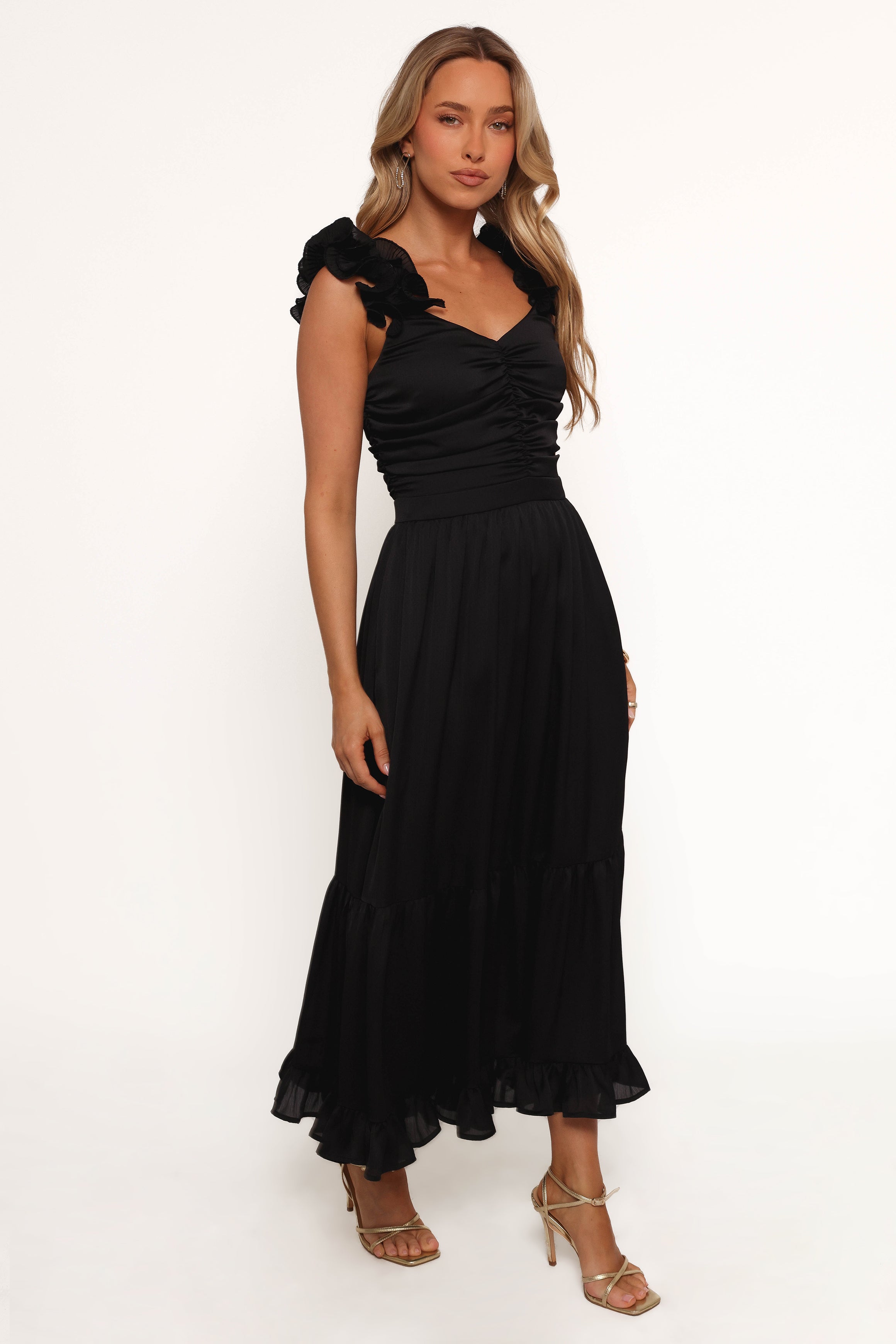 Black V-Neck Midi Dress with Pockets & Ruffle Hem - Inca