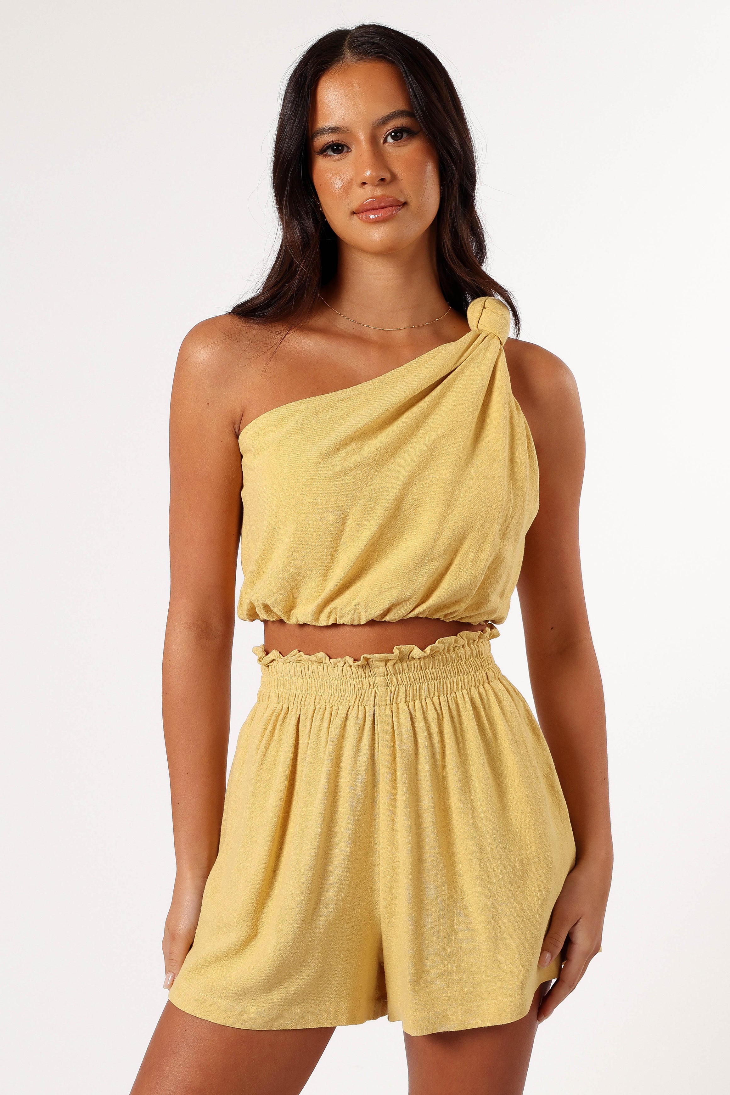 Butter Yellow One Shoulder Top & Shorts Set - 100% Linen