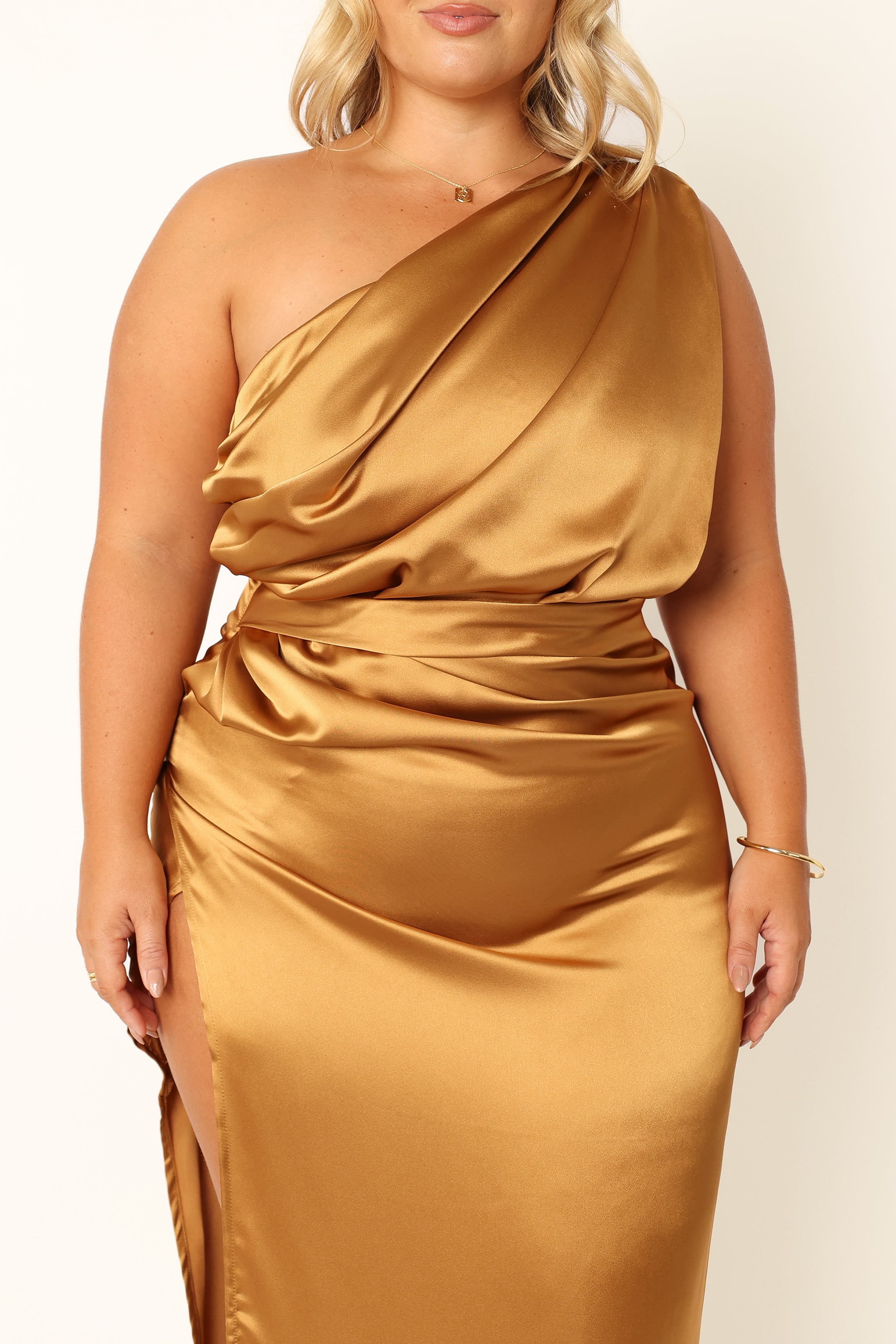 Nadia Satin One Shoulder Maxi Dress - Bronze Evening Gown