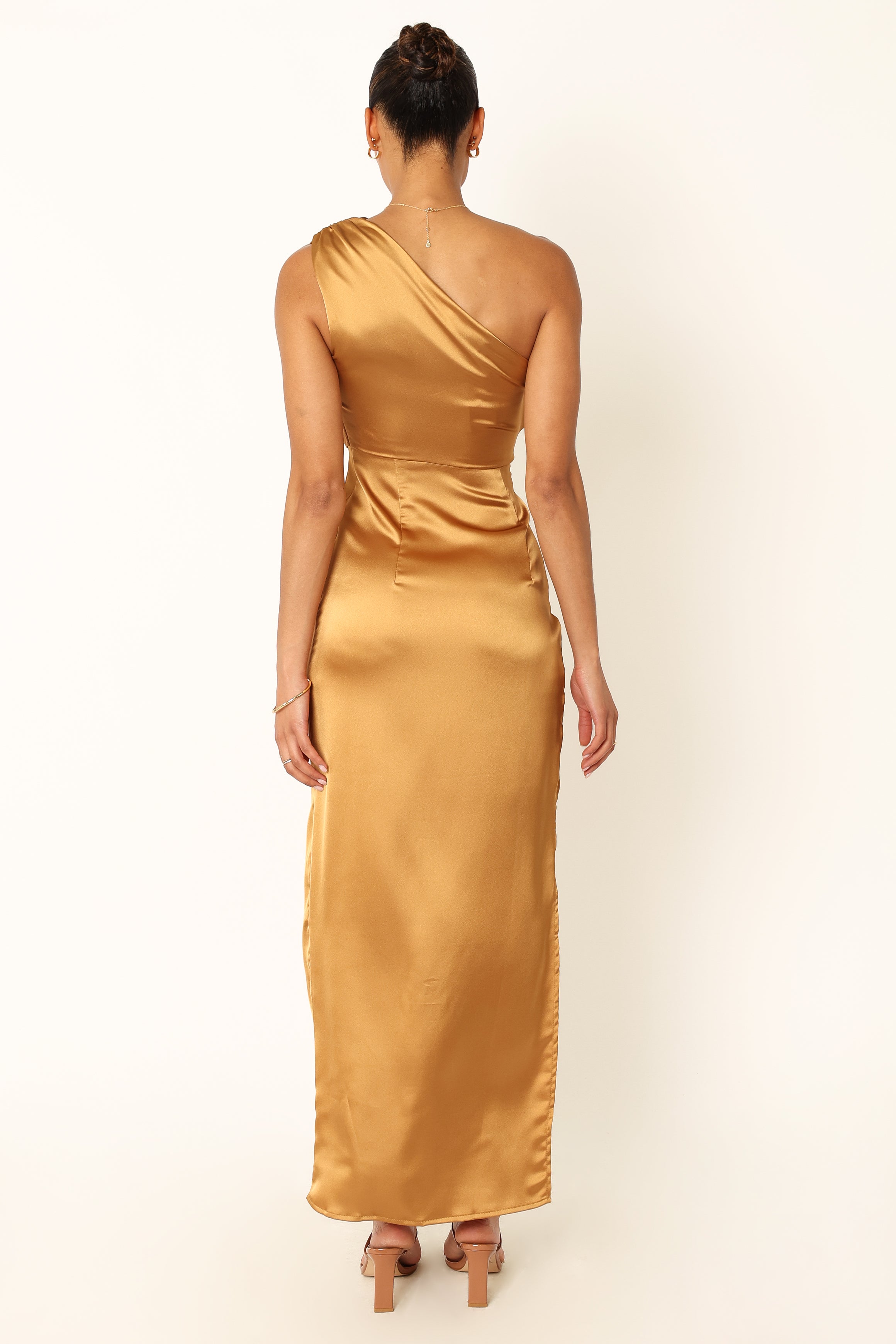 Nadia Satin One Shoulder Maxi Dress - Bronze Evening Gown