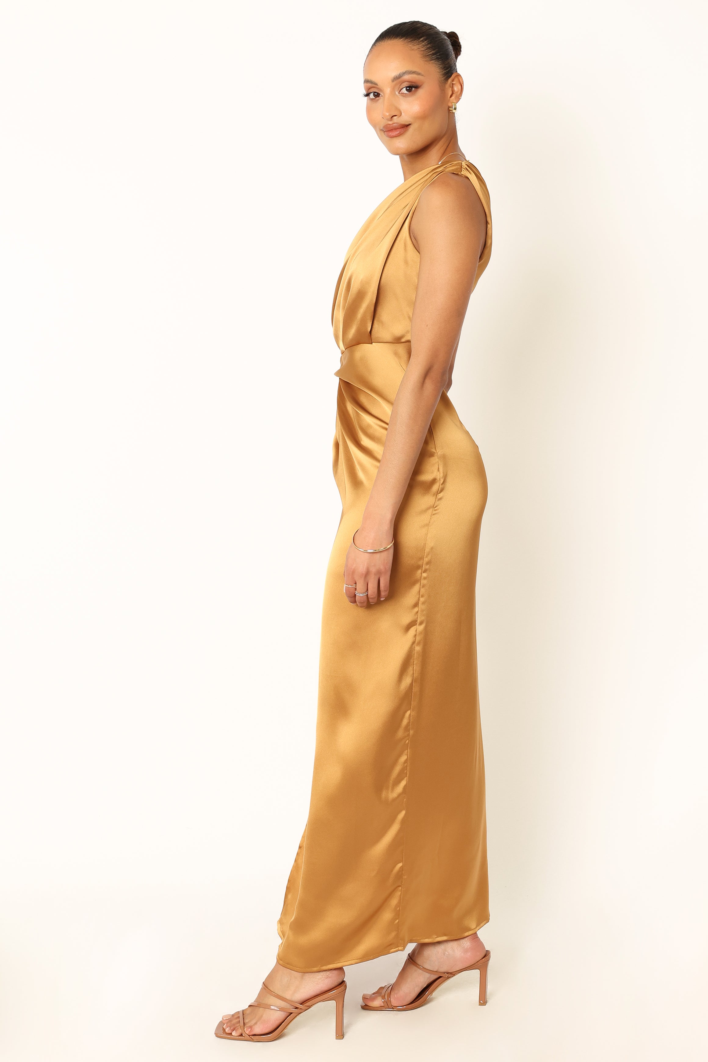 Nadia Satin One Shoulder Maxi Dress - Bronze Evening Gown