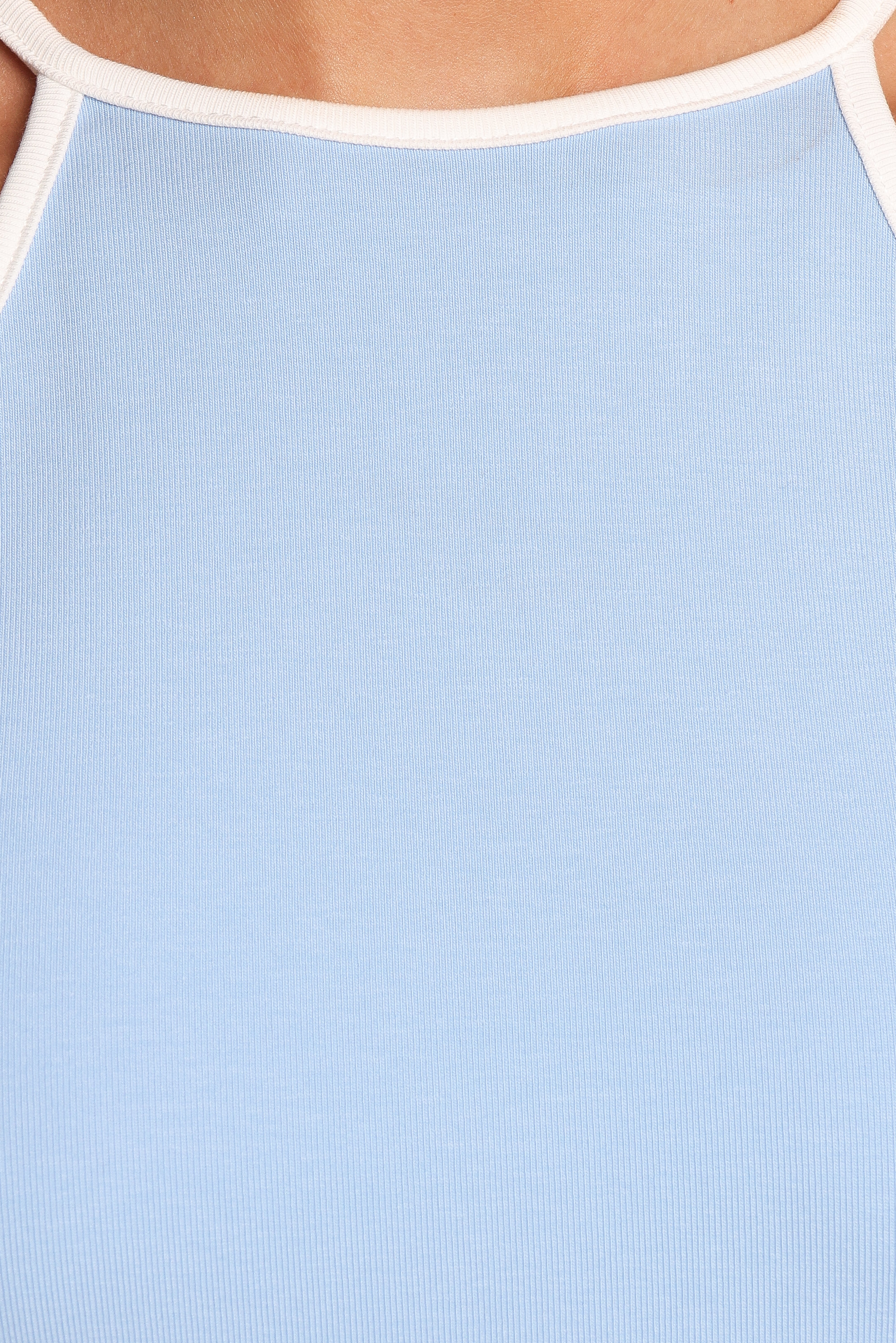 Jazzie Halter Knit Tank Top - White & Pale Blue Ribbed Cotton