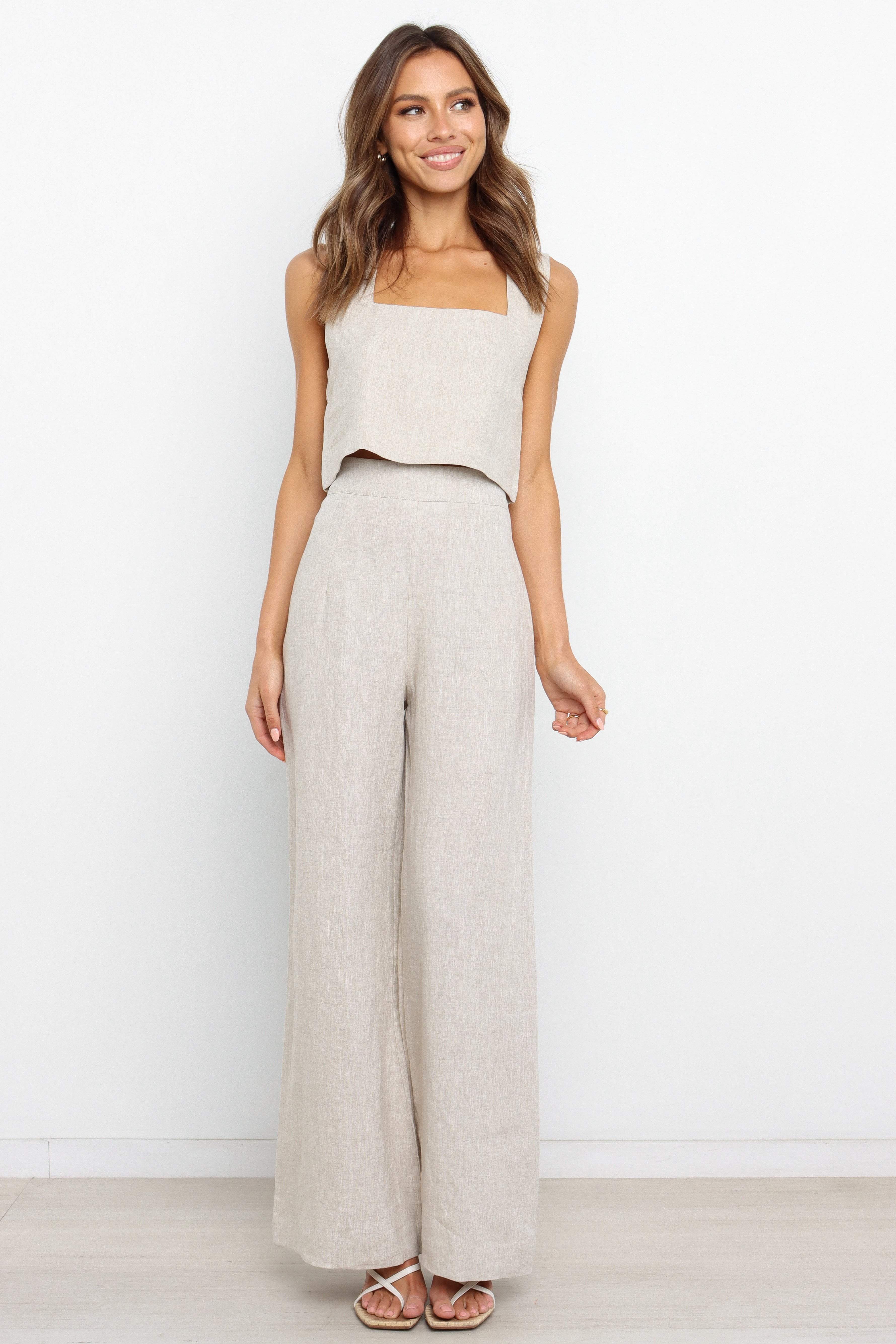 Beige High Waisted Linen Pants - Devlin Wide Leg with Pockets