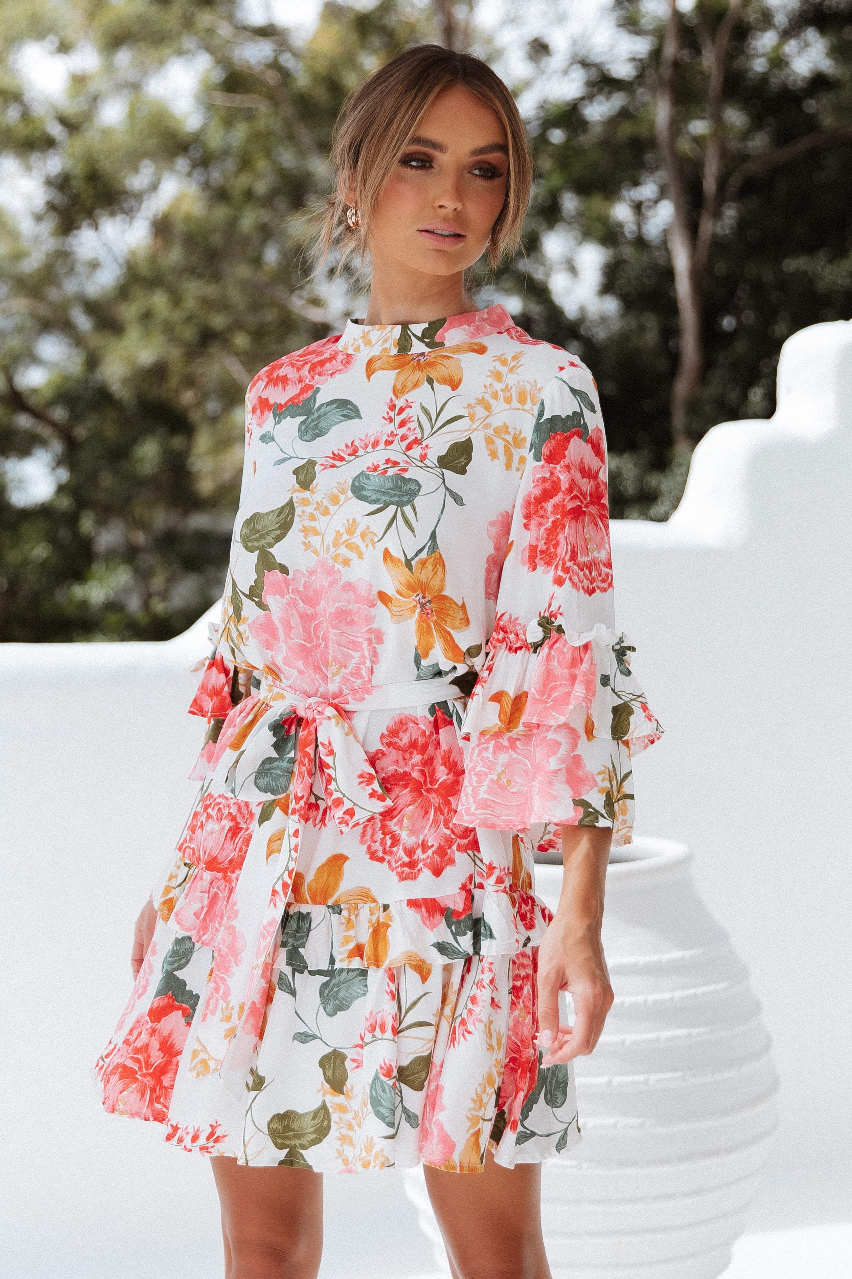 Floral Ruffle Sleeve Dress with Waist Tie - White Peta Dress