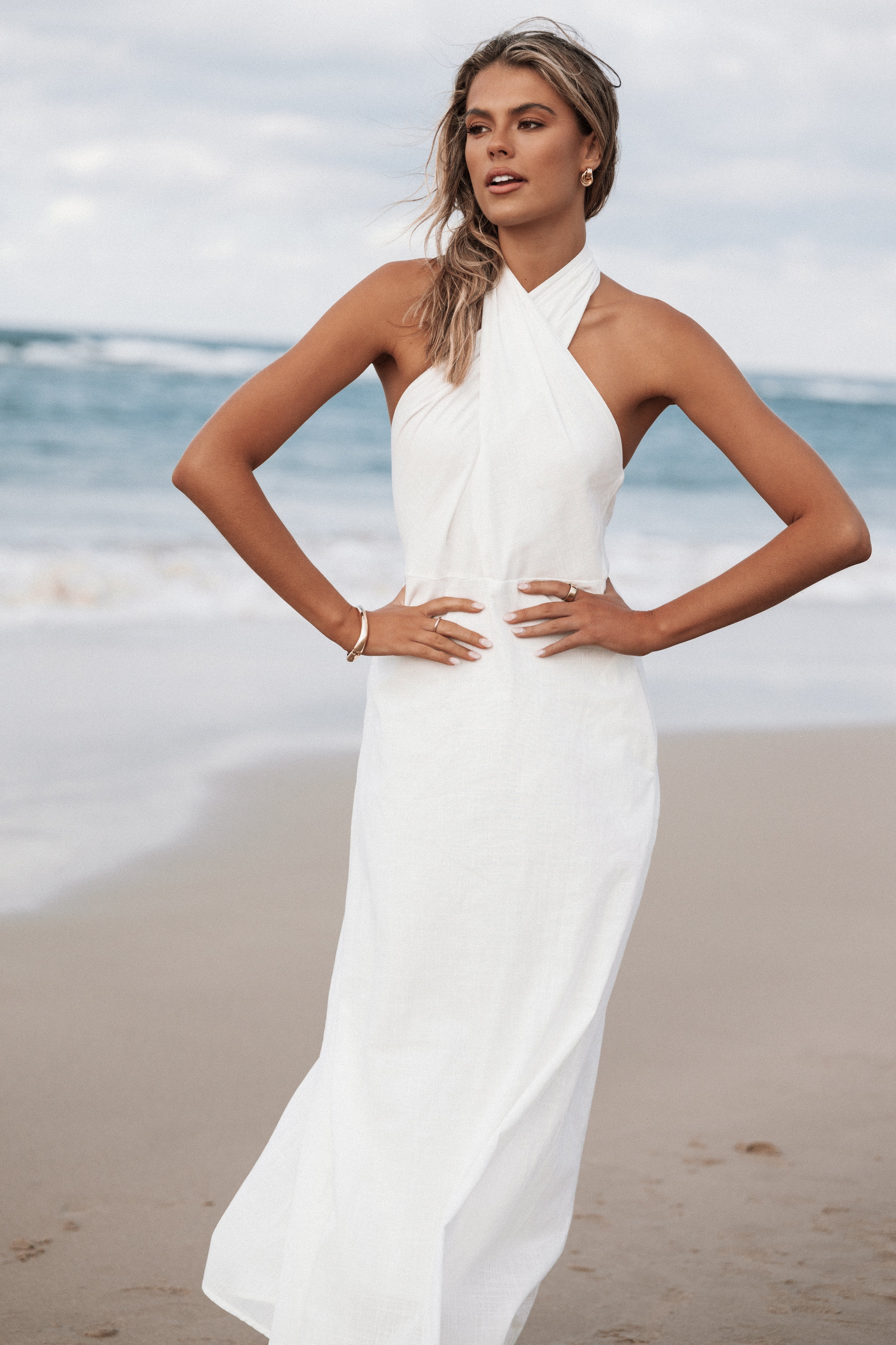 White Halterneck Maxi Dress with Open Back & Pockets - Betsy