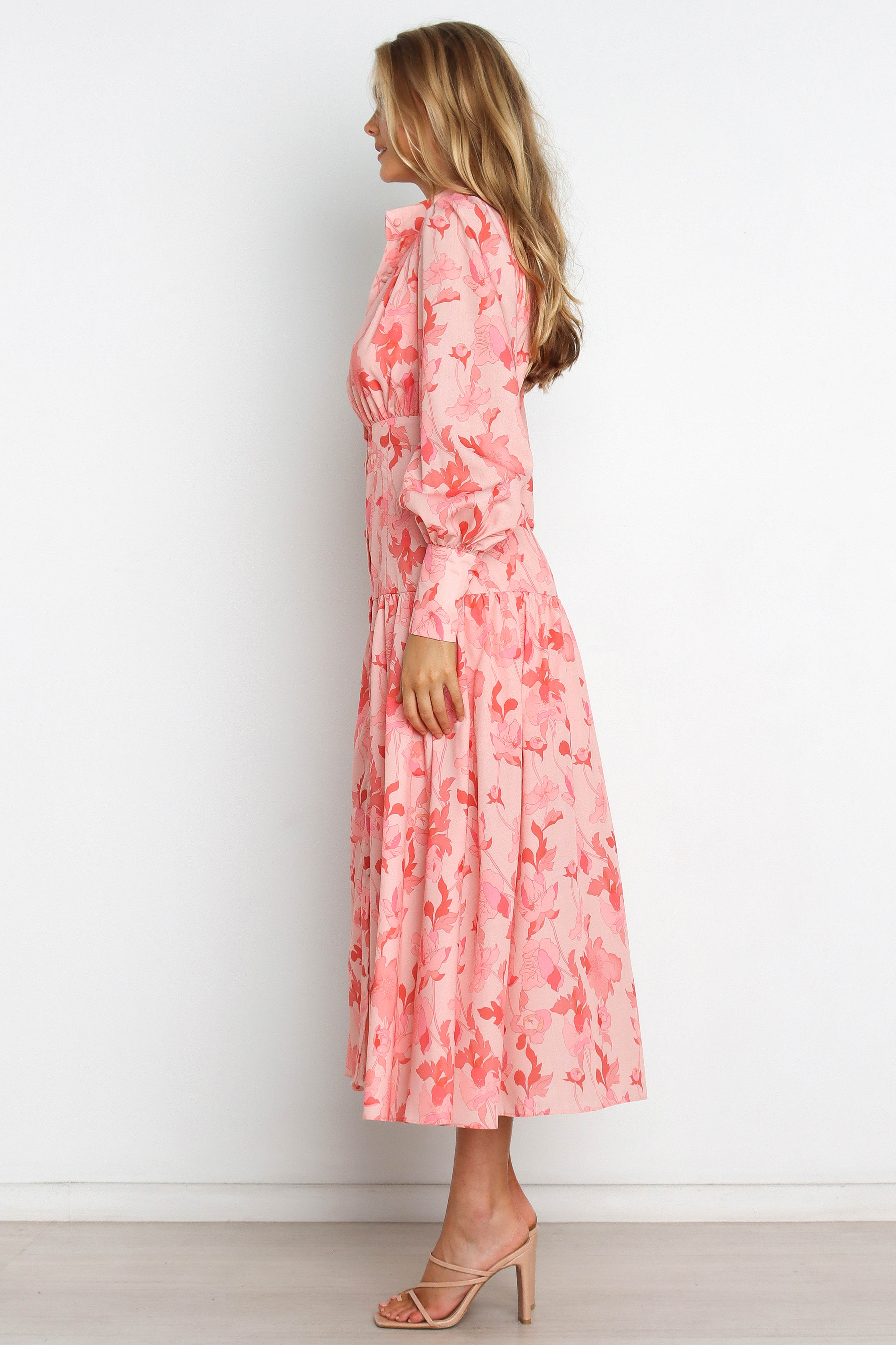 Pink Floral Maxi Dress with V-Neck & Long Sleeves