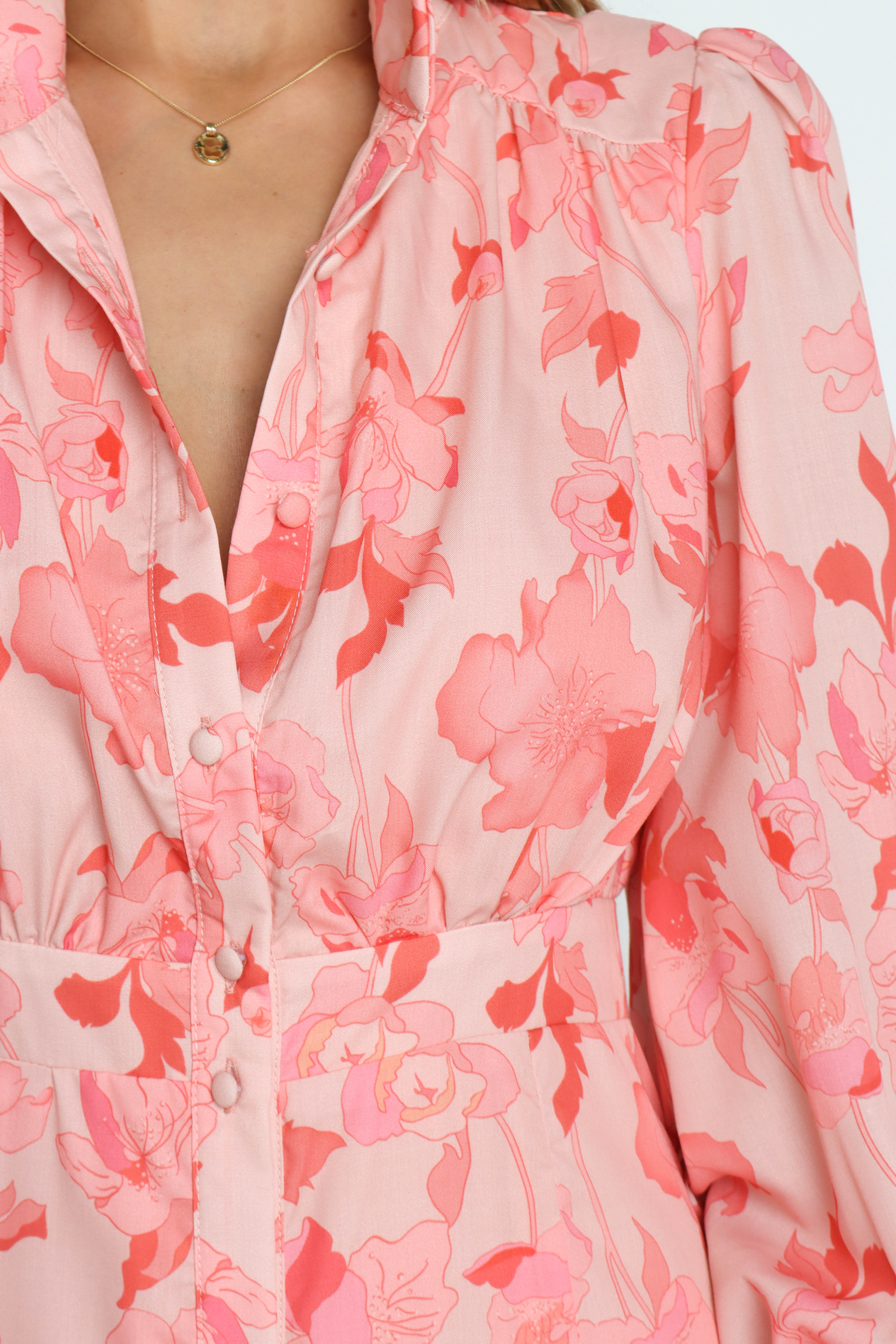 Pink Floral Maxi Dress with V-Neck & Long Sleeves