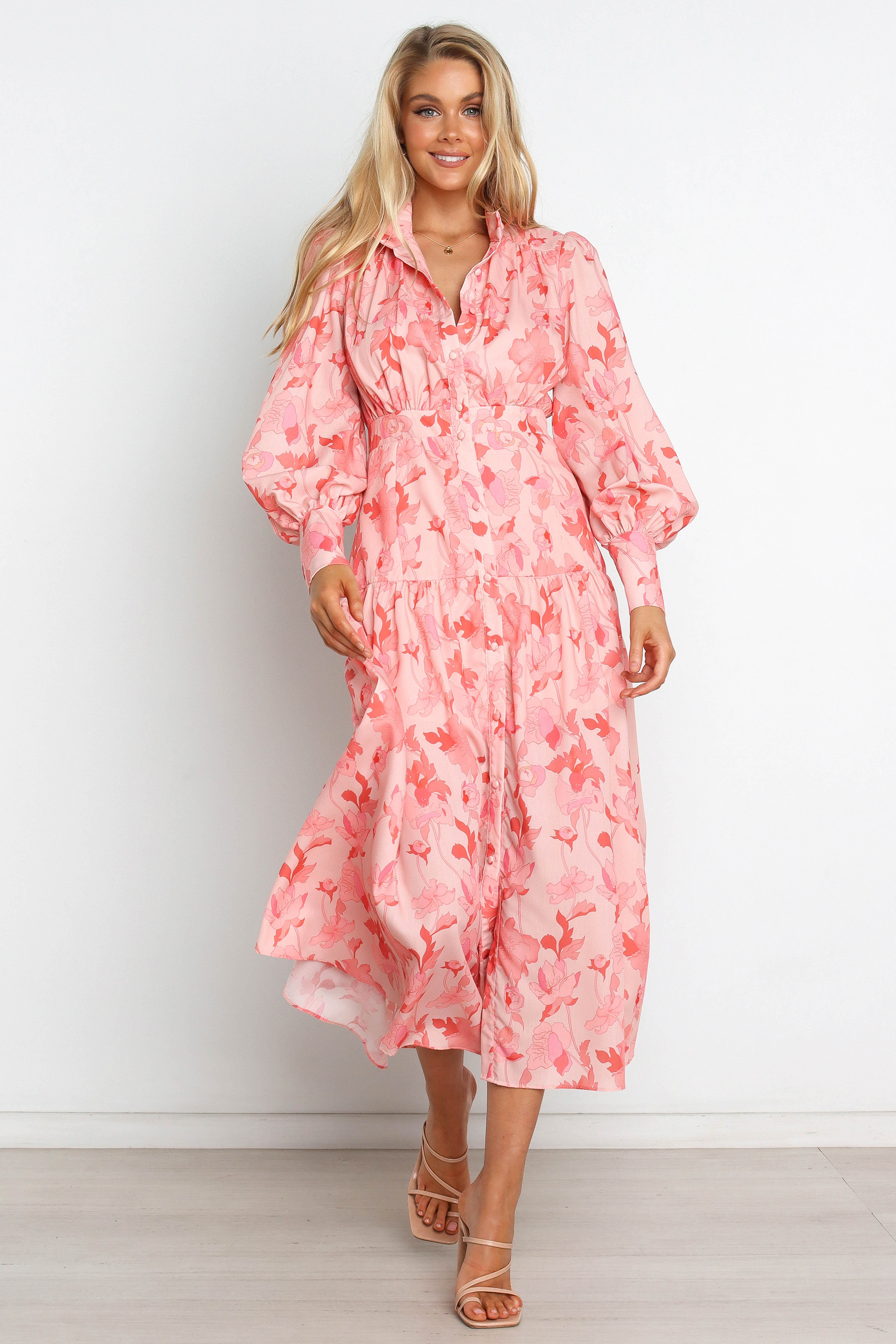 Pink Floral Maxi Dress with V-Neck & Long Sleeves