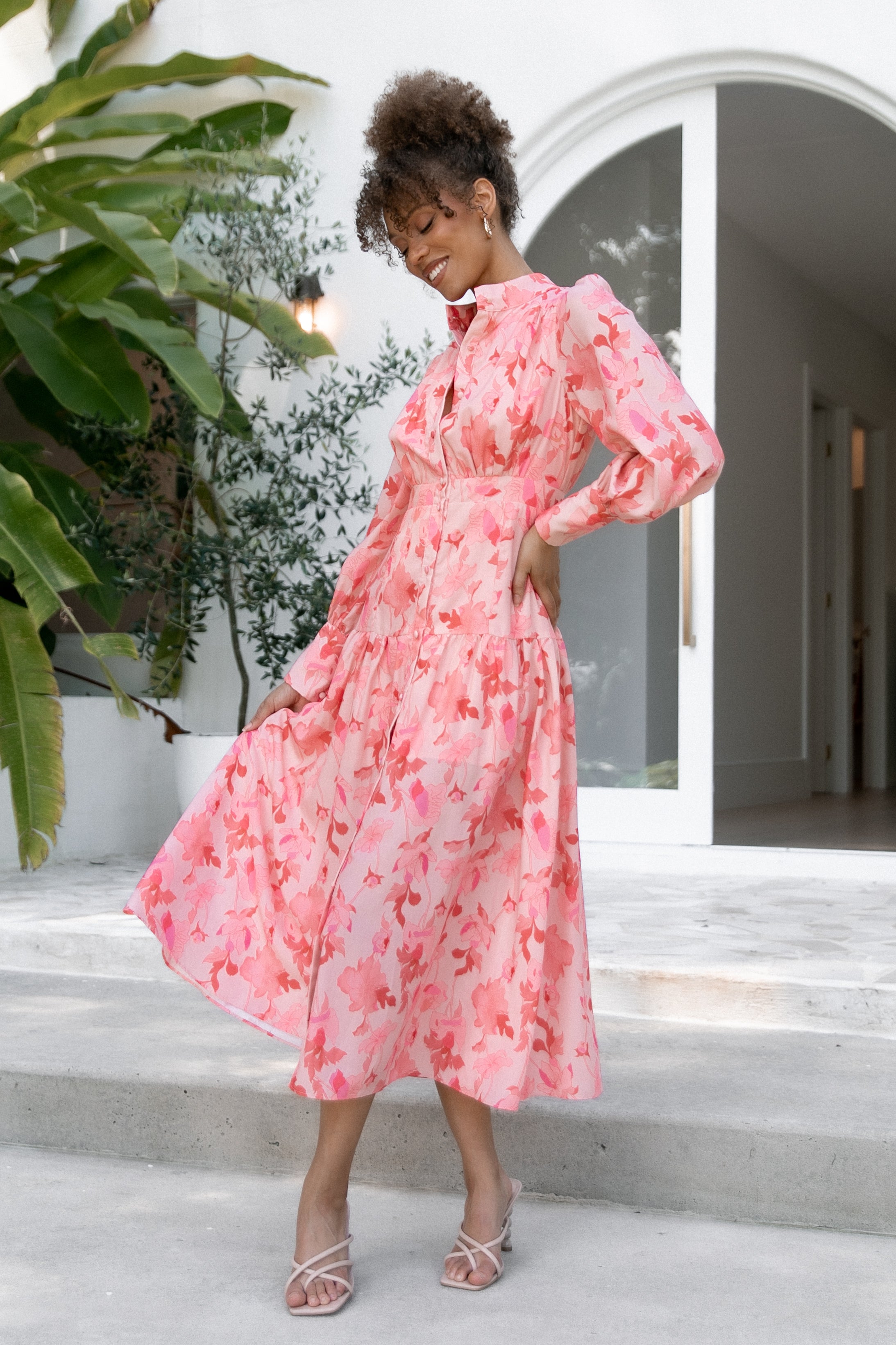 Pink Floral Maxi Dress with V-Neck & Long Sleeves