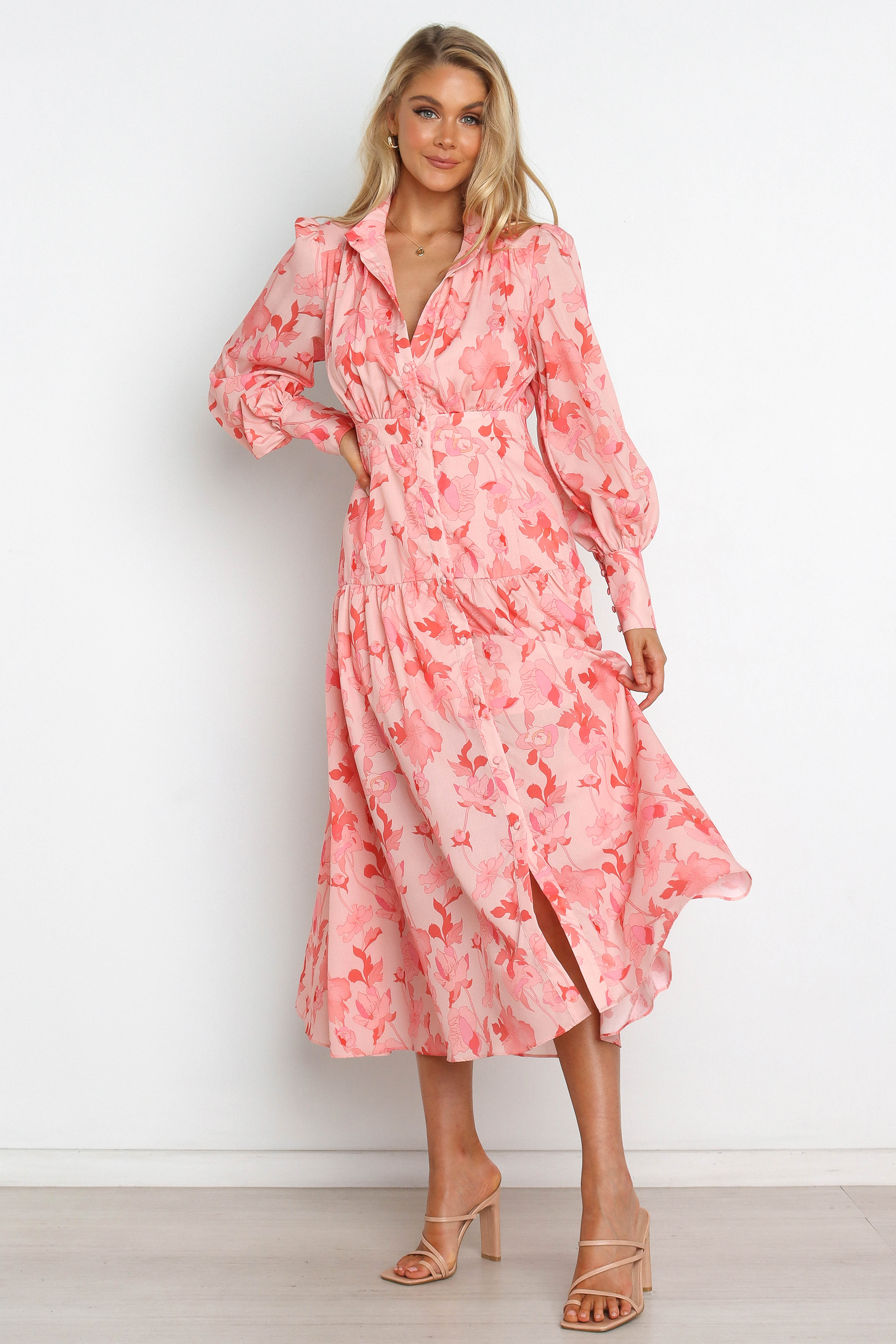 Pink Floral Maxi Dress with V-Neck & Long Sleeves