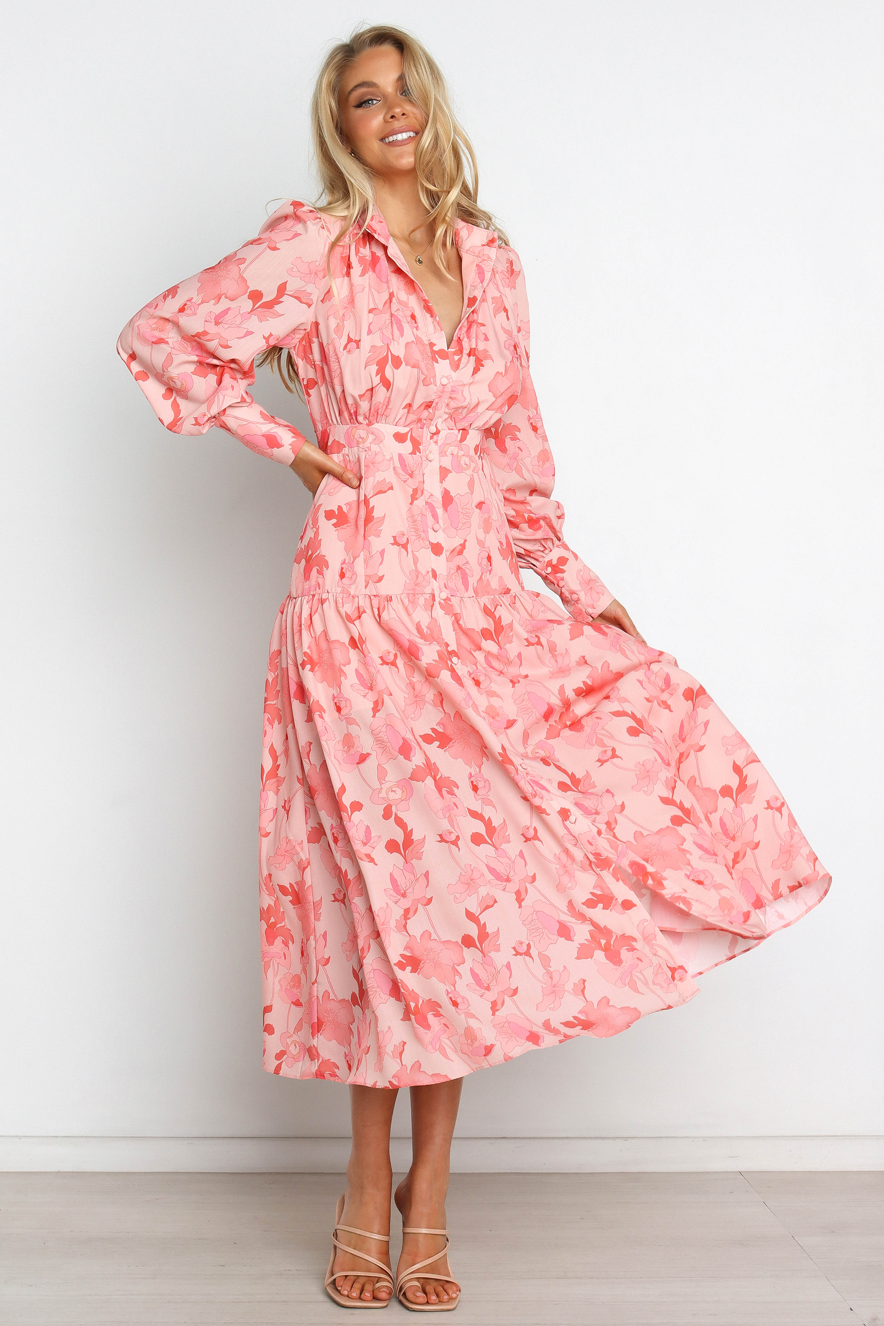Pink Floral Maxi Dress with V-Neck & Long Sleeves