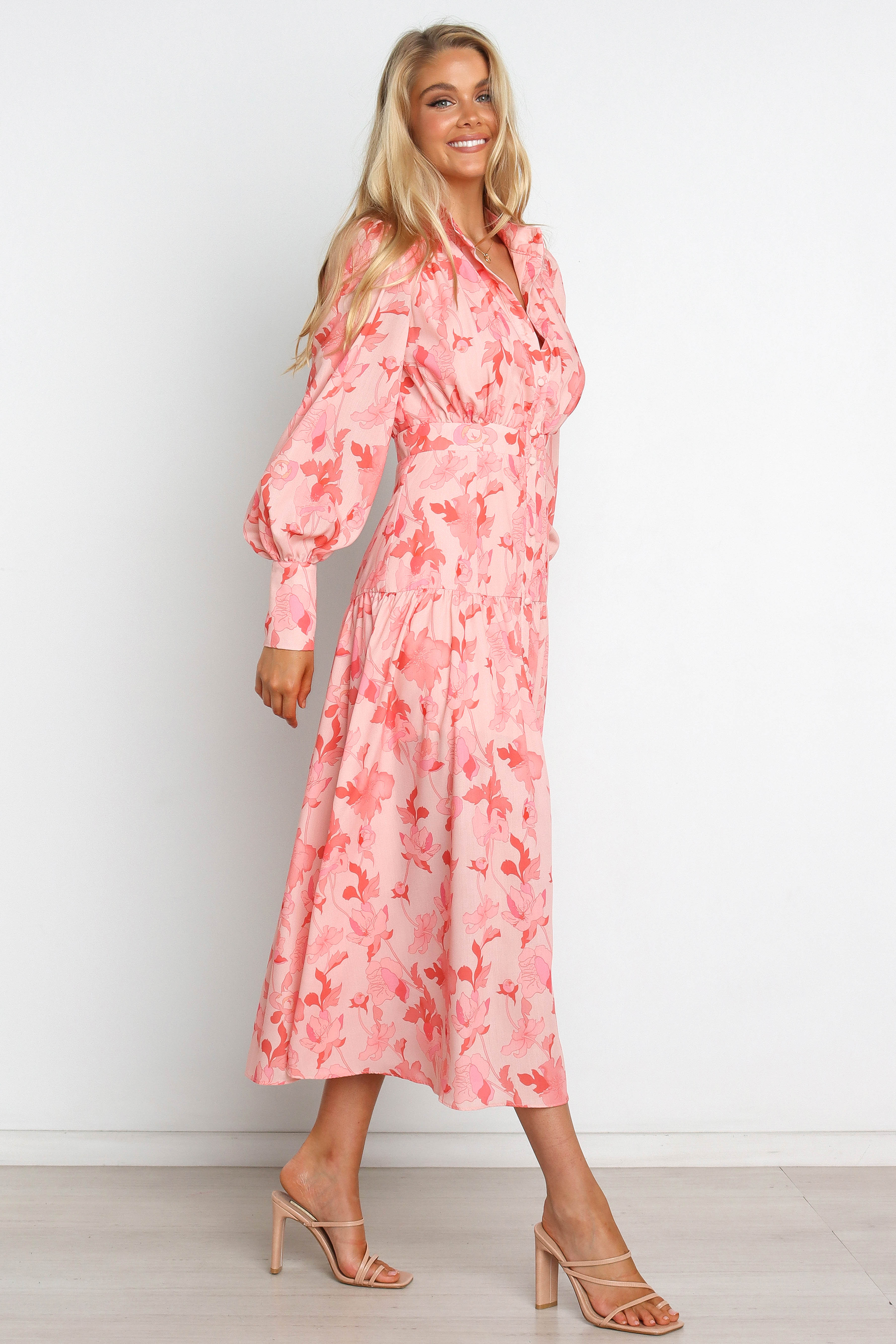Pink Floral Maxi Dress with V-Neck & Long Sleeves