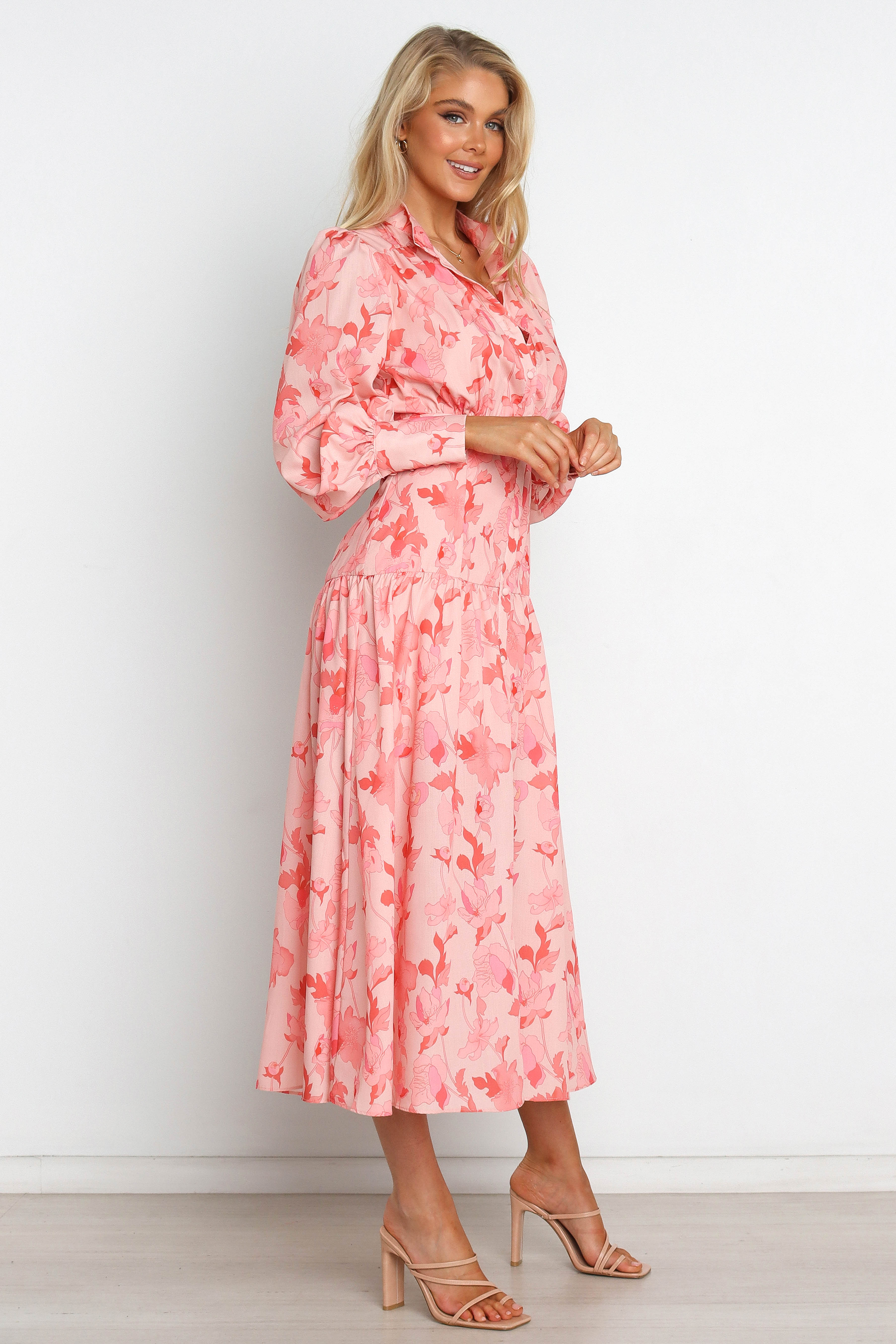 Pink Floral Maxi Dress with V-Neck & Long Sleeves