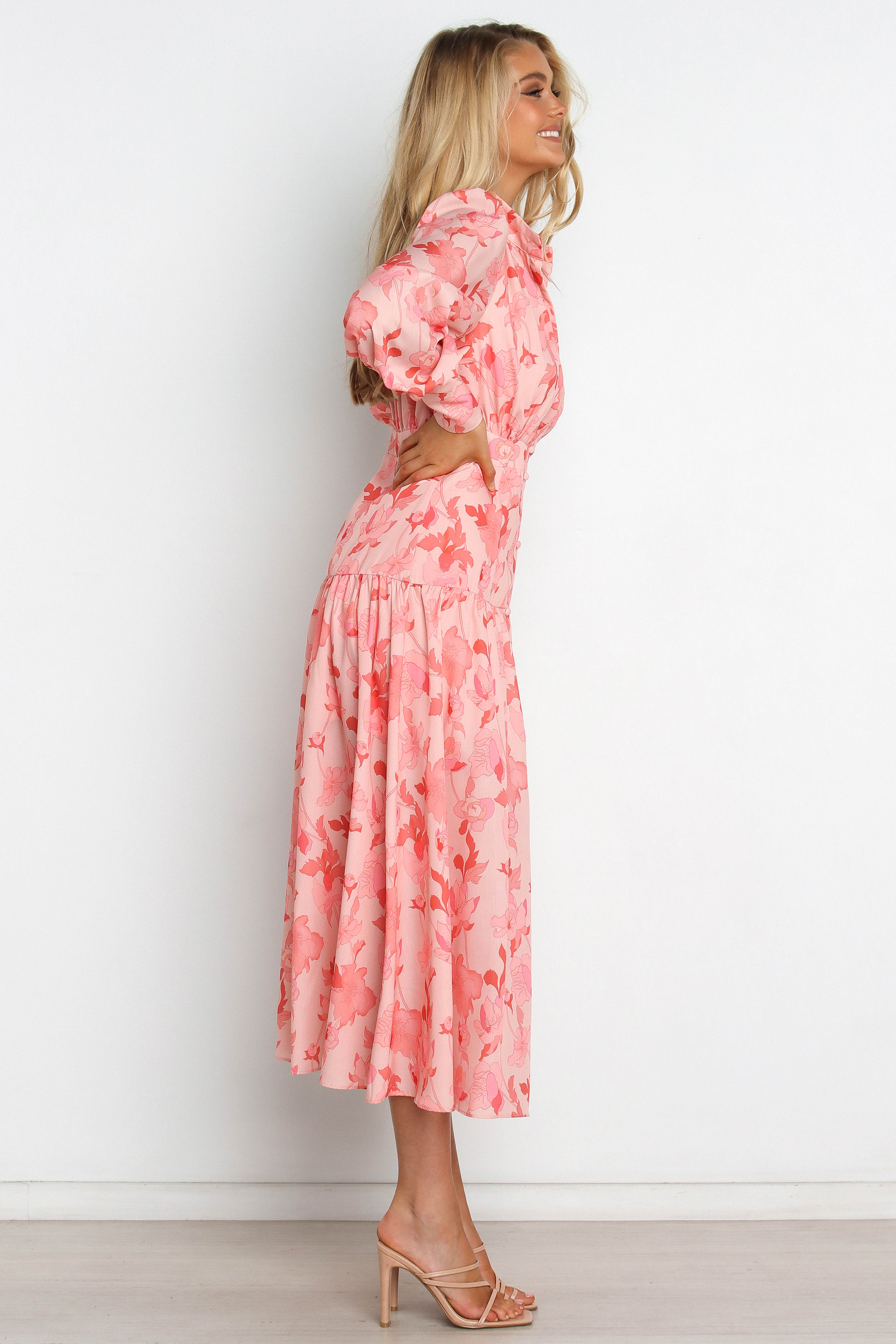 Pink Floral Maxi Dress with V-Neck & Long Sleeves