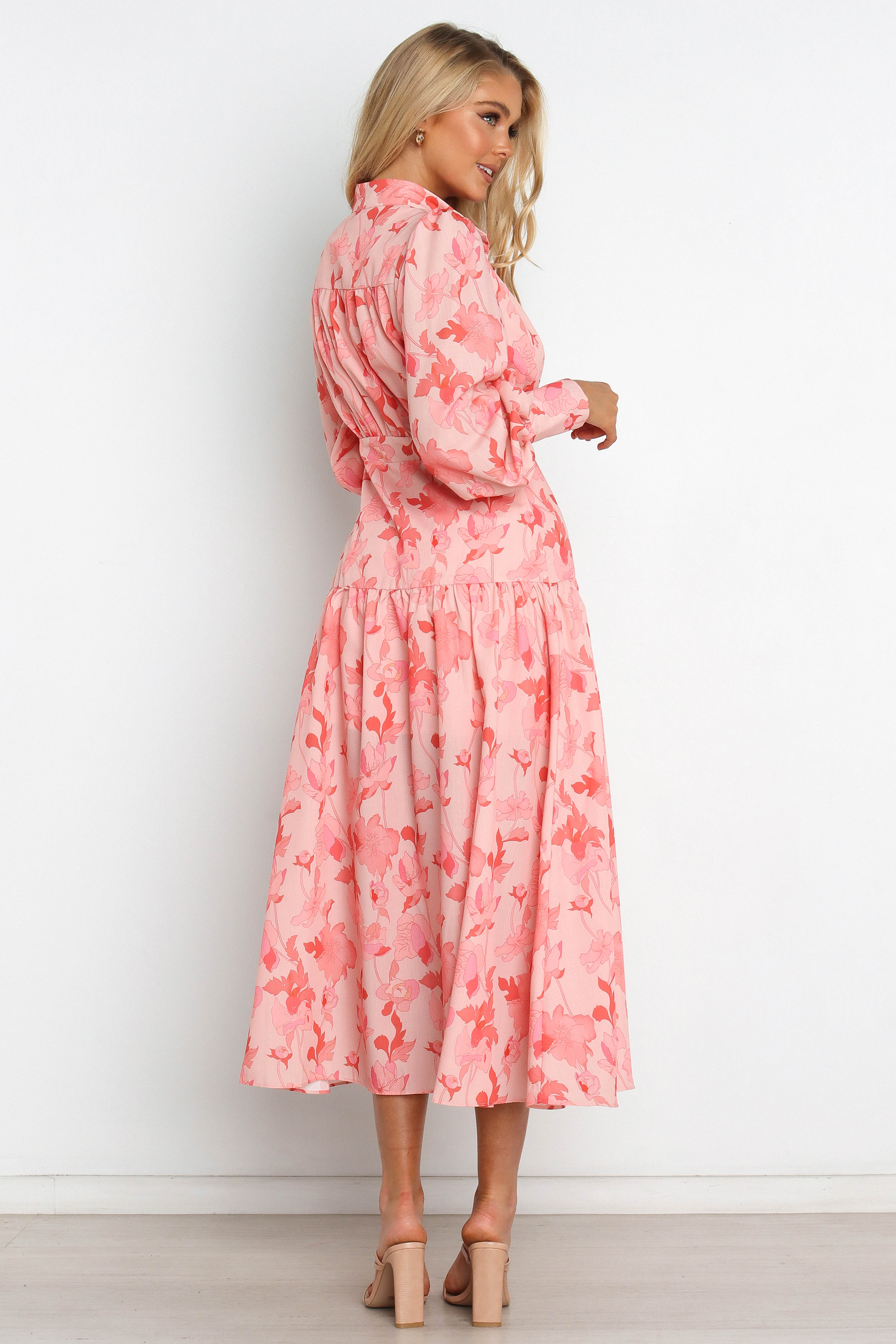 Pink Floral Maxi Dress with V-Neck & Long Sleeves
