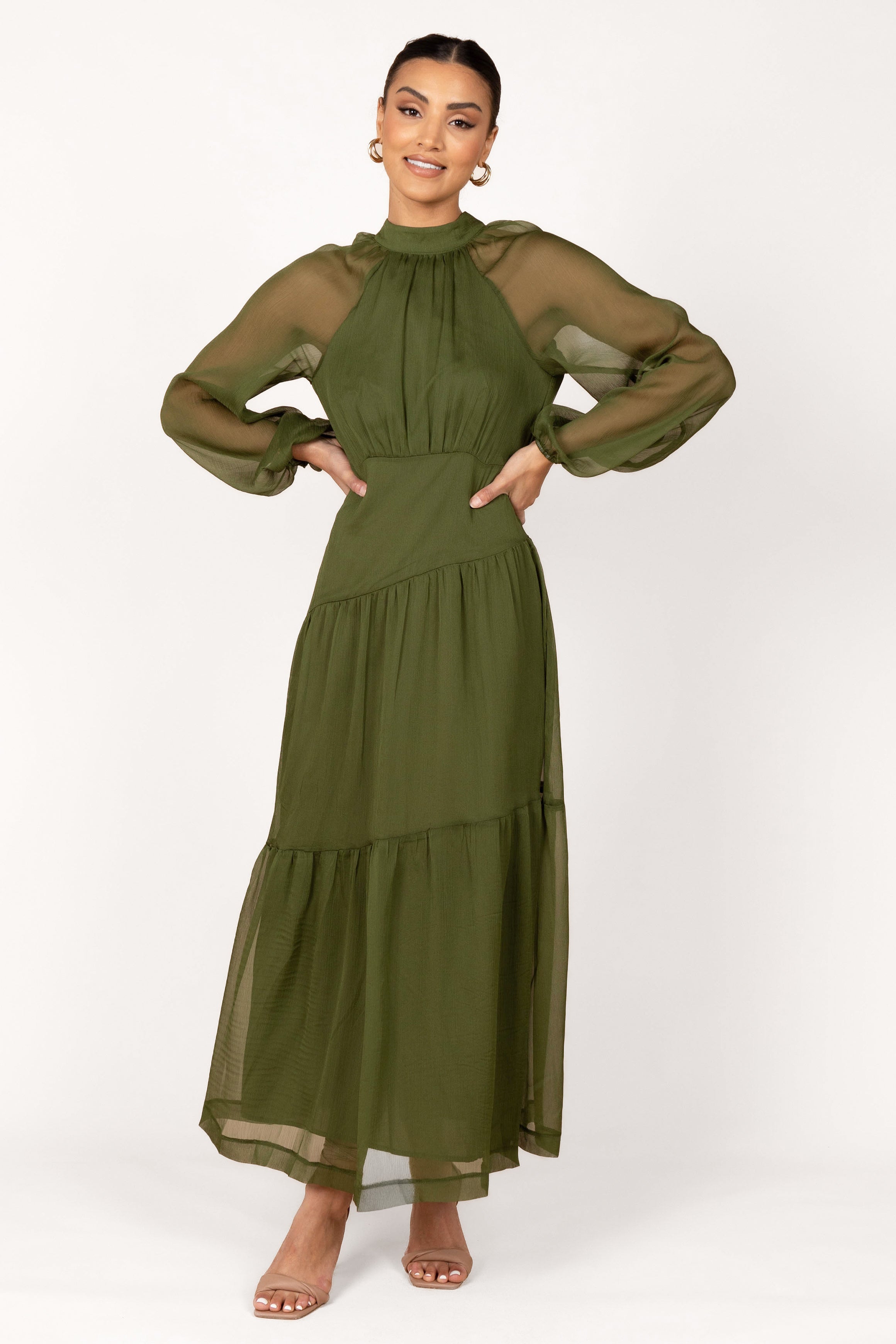 Julip Sheer Maxi Dress with Open Back - Olive Long Sleeve
