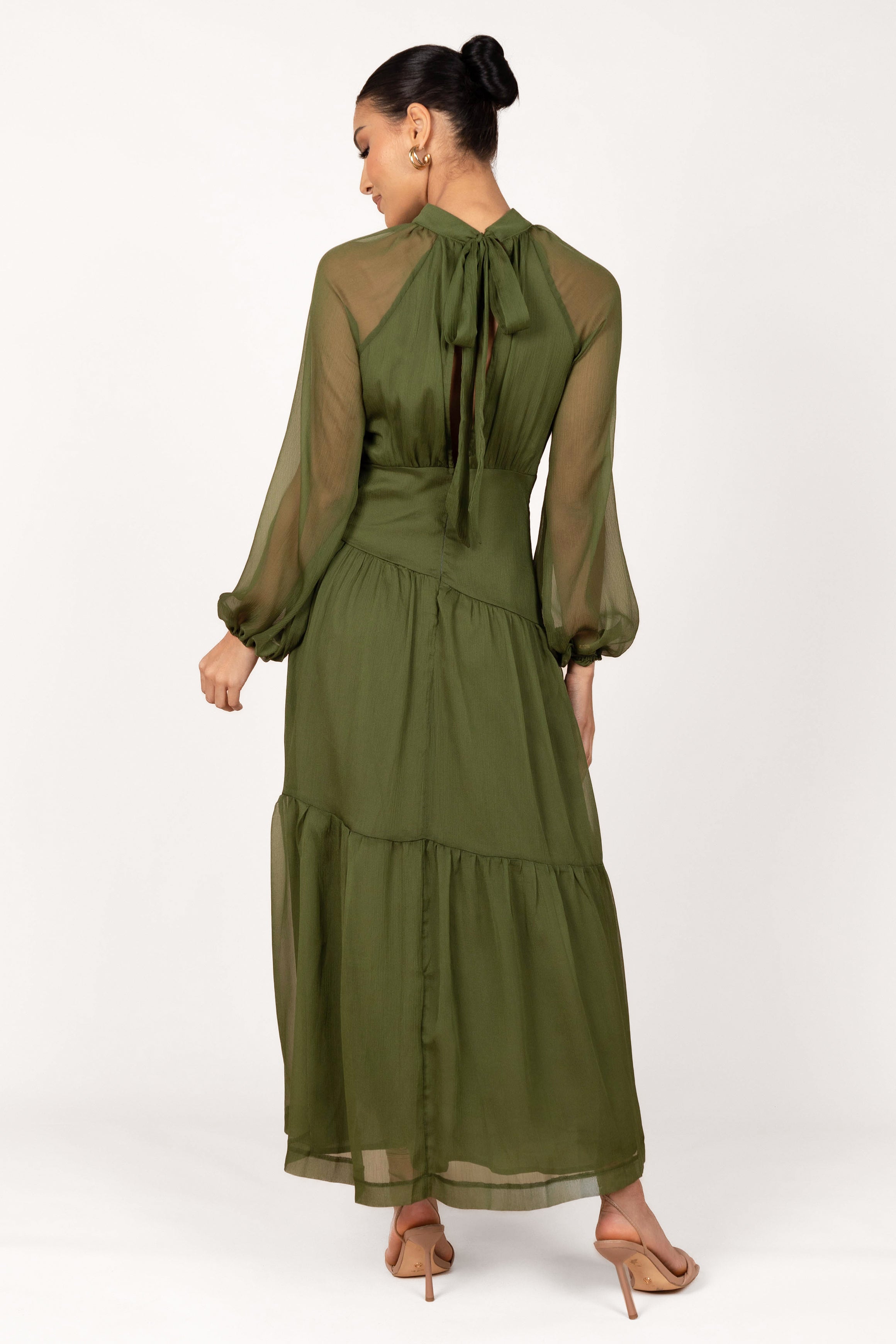 Julip Sheer Maxi Dress with Open Back - Olive Long Sleeve