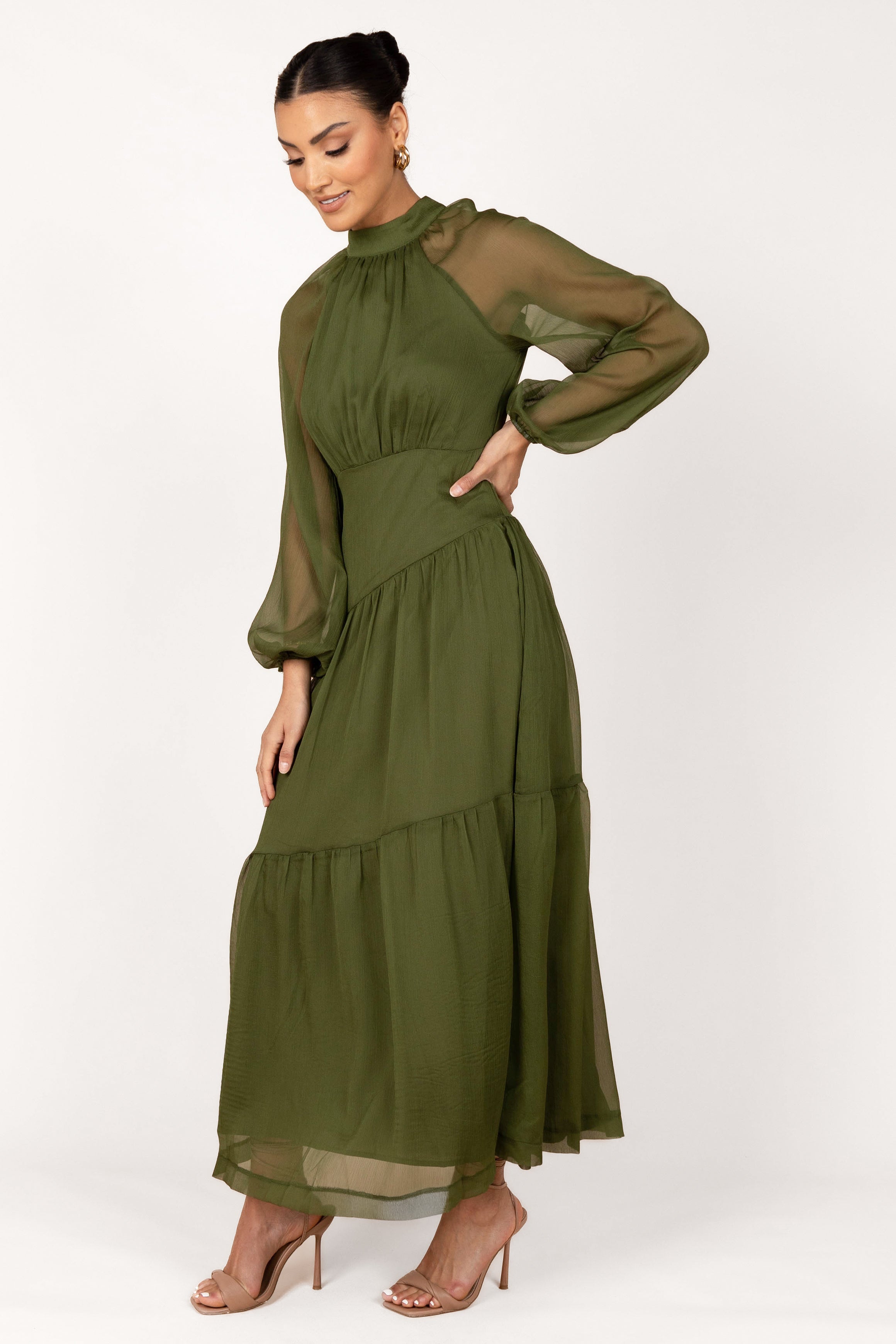 Julip Sheer Maxi Dress with Open Back - Olive Long Sleeve