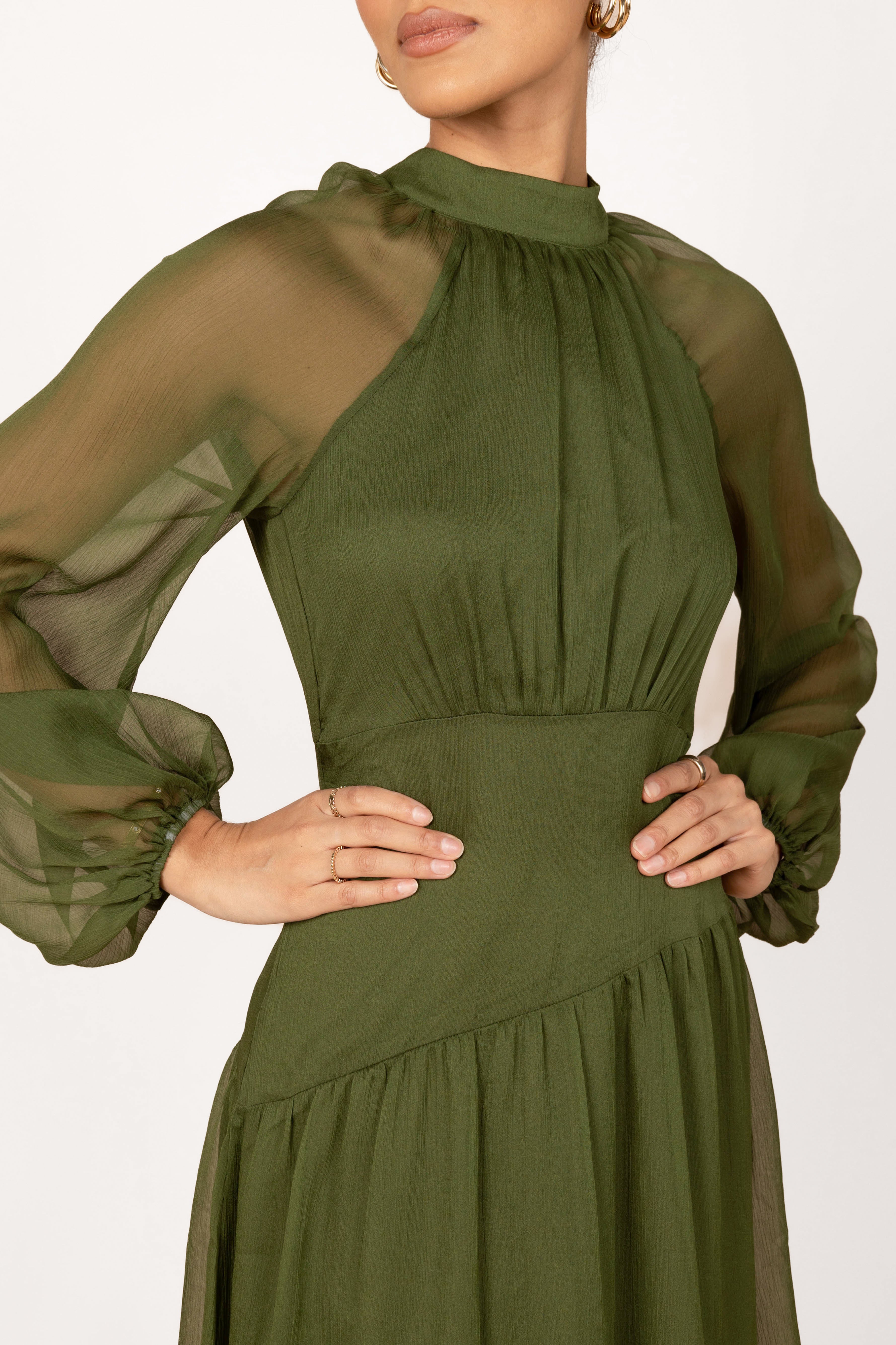 Julip Sheer Maxi Dress with Open Back - Olive Long Sleeve
