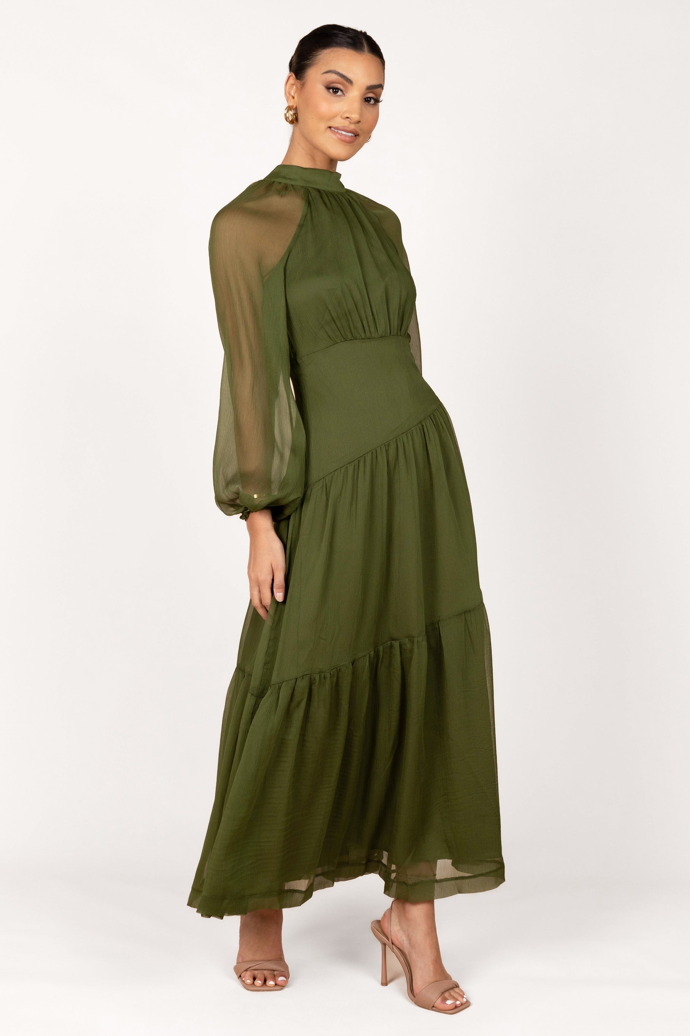 Julip Sheer Maxi Dress with Open Back - Olive Long Sleeve