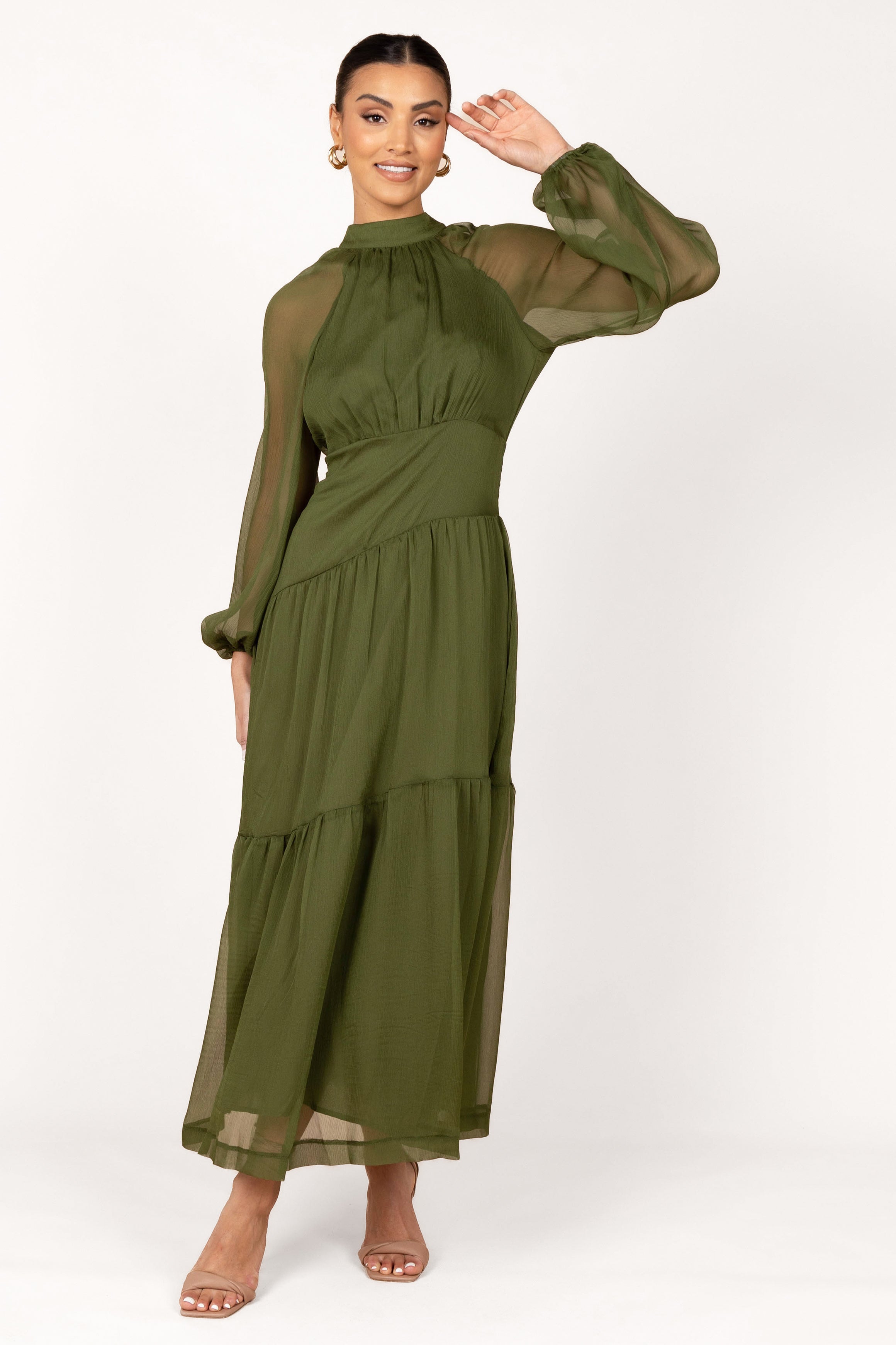 Julip Sheer Maxi Dress with Open Back - Olive Long Sleeve