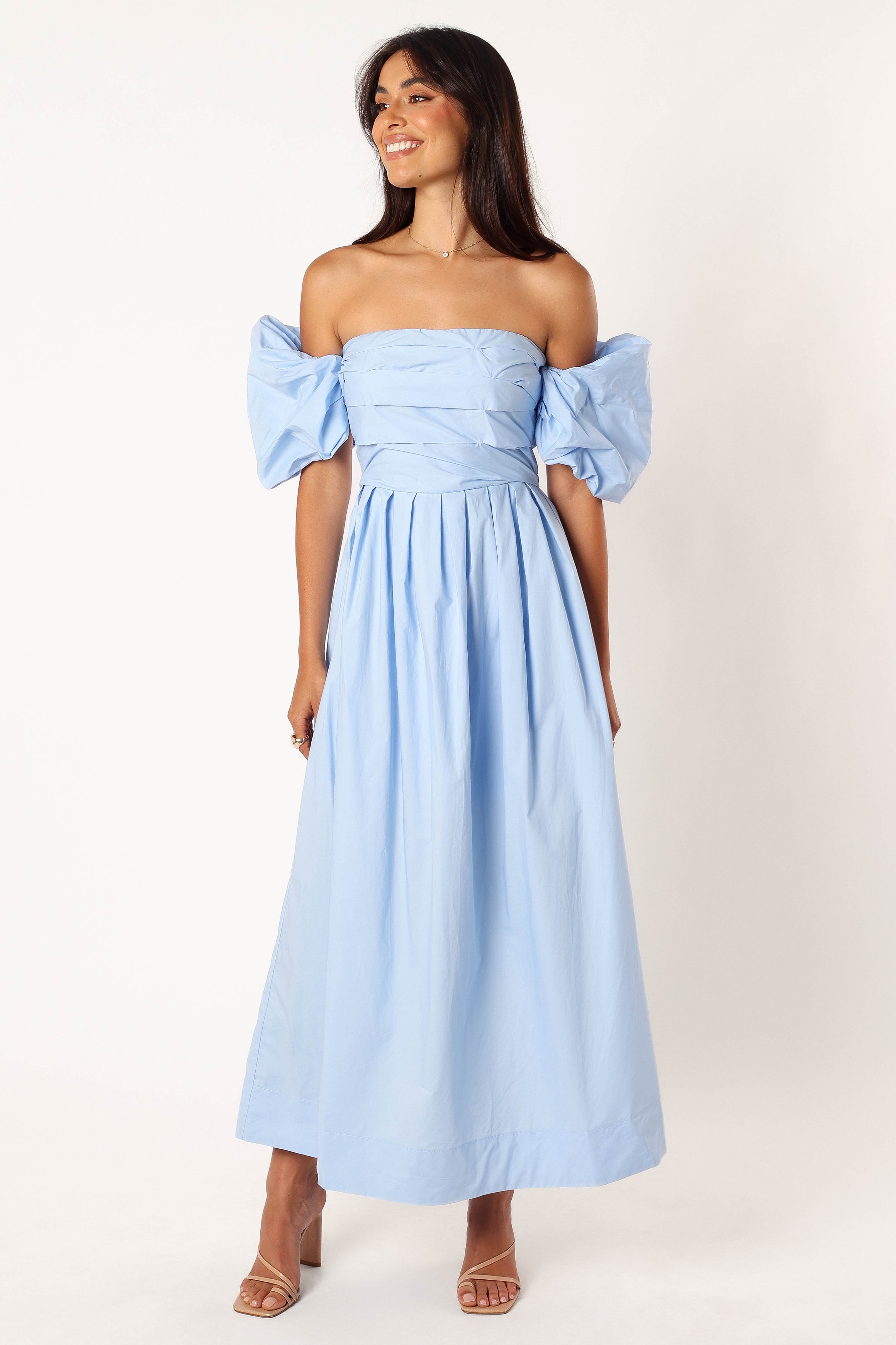 Solana Blue Off Shoulder Midi Dress for Special Occasions