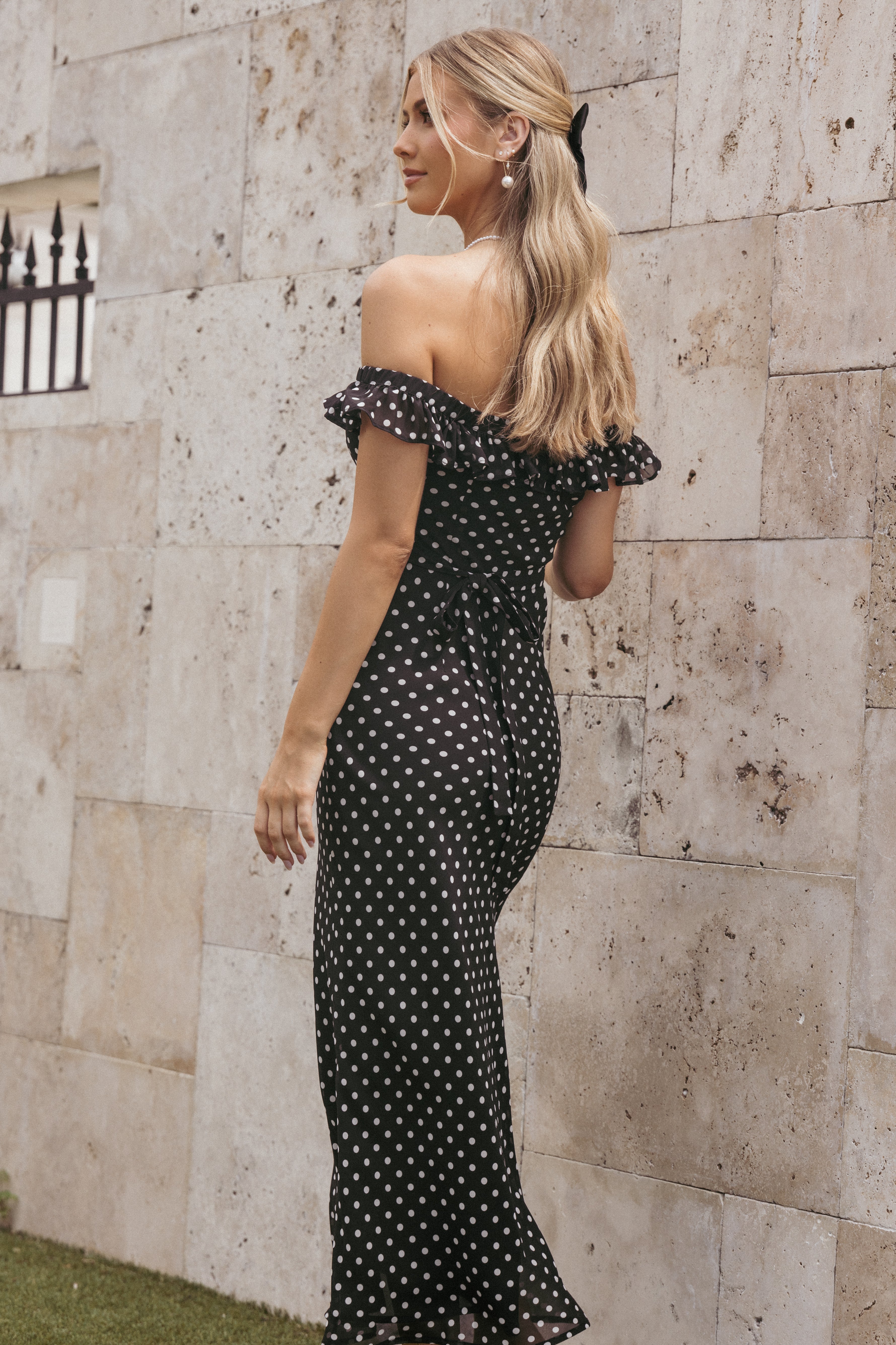 Layana Off-Shoulder Midi Dress - Black & White Semi-Sheer Elegance