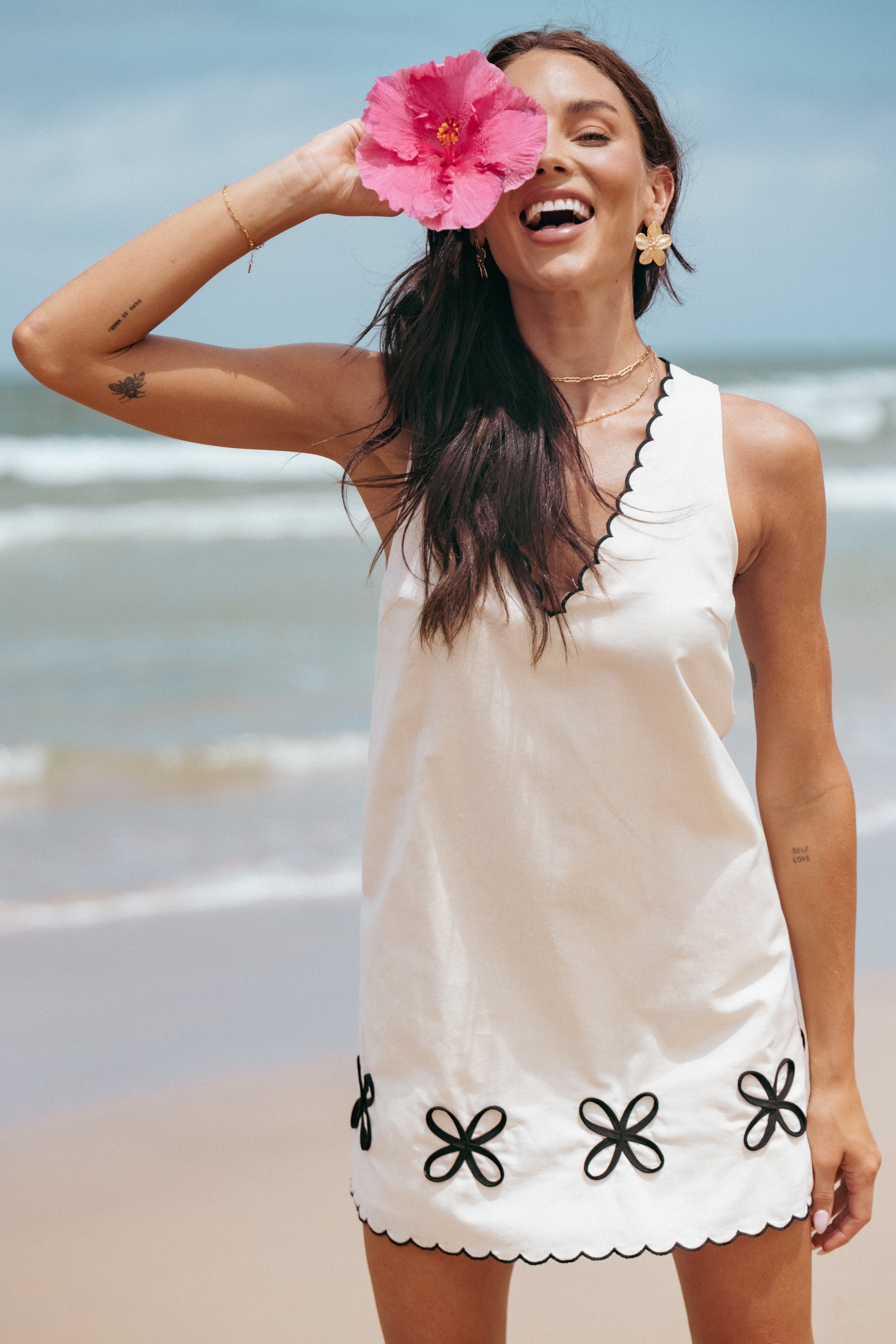 Thalia Cotton Mini Dress with Floral Embroidery - Cream & Black
