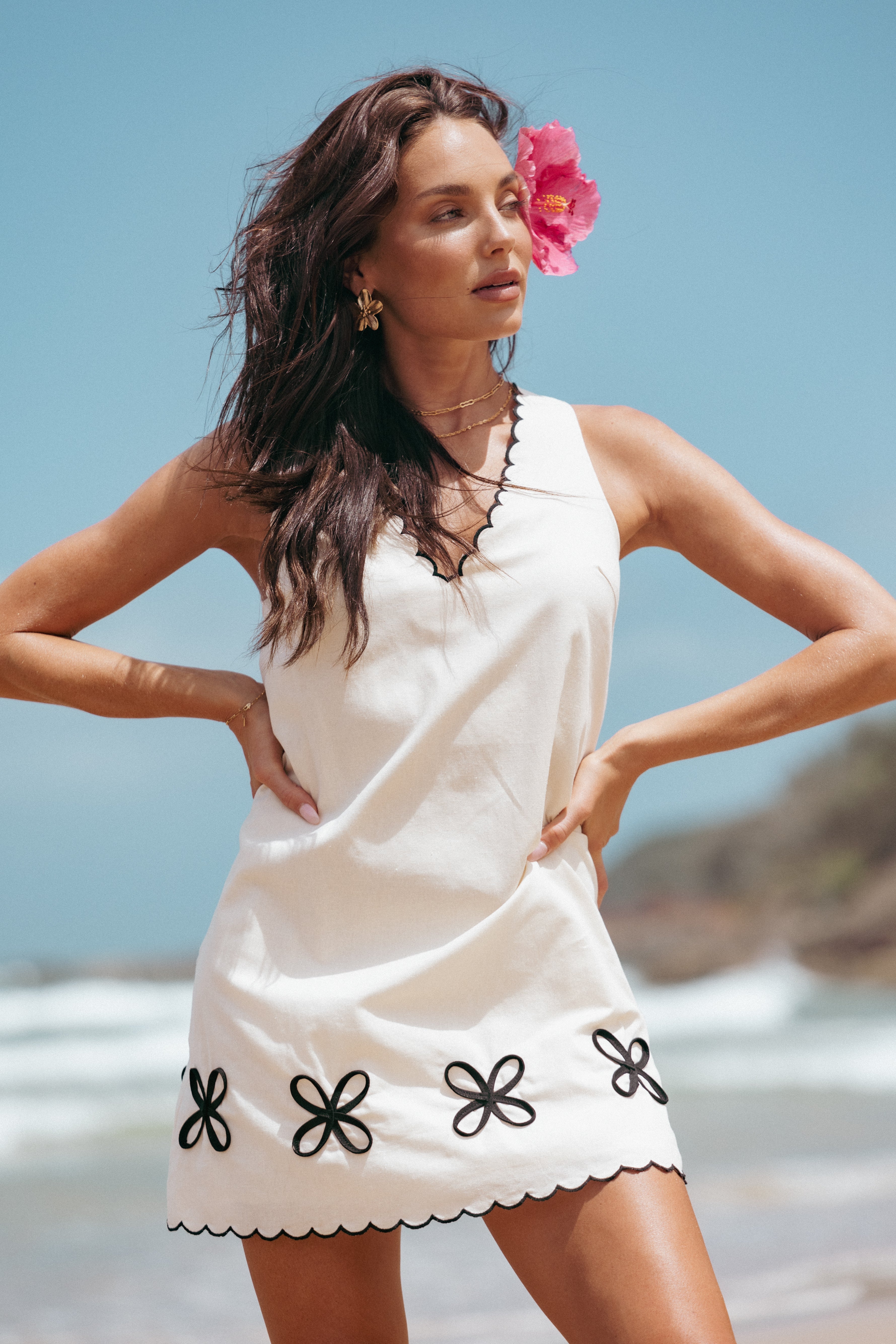 Thalia Cotton Mini Dress with Floral Embroidery - Cream & Black