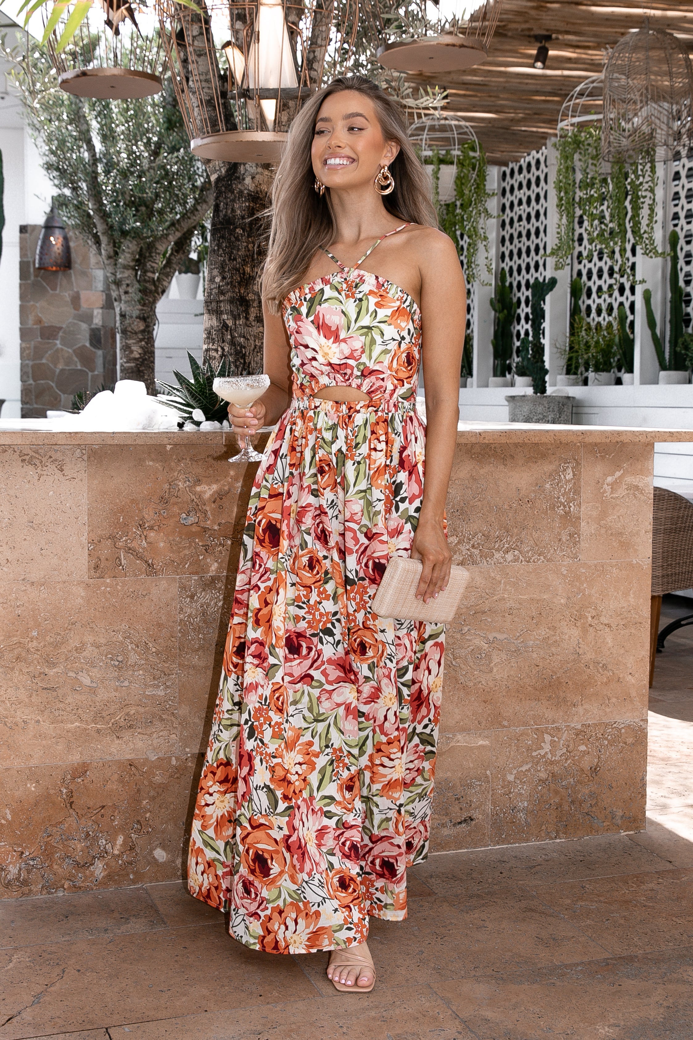 Orange Floral Maxi Dress with Halterneck & Pockets - Madeira Dress