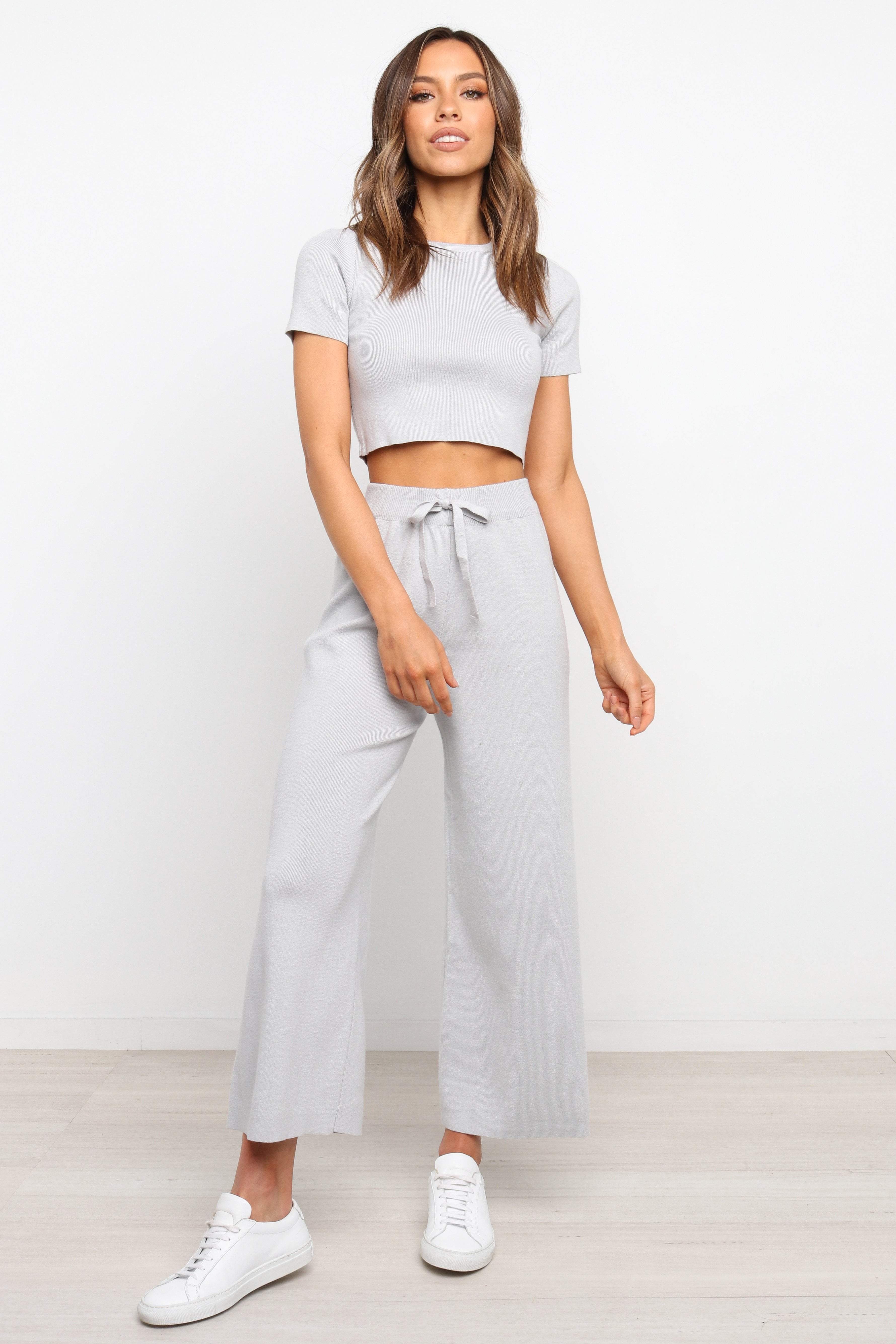Women's Grey Ribbed Lounge Set - Ayers Cropped Top & High Waisted Pants