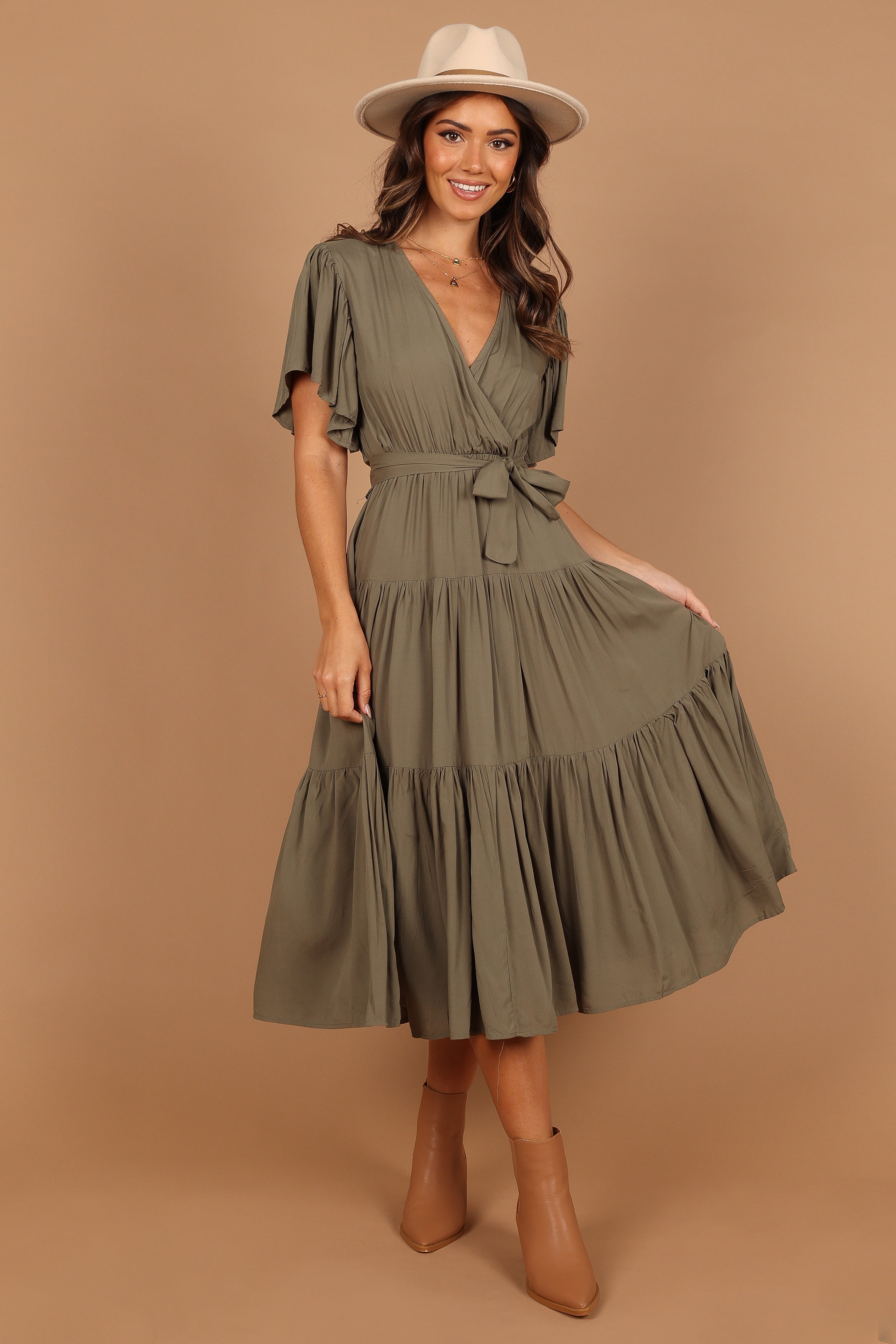 Barker Midi Dress with Ruffle Sleeves & Waist Tie - Olive