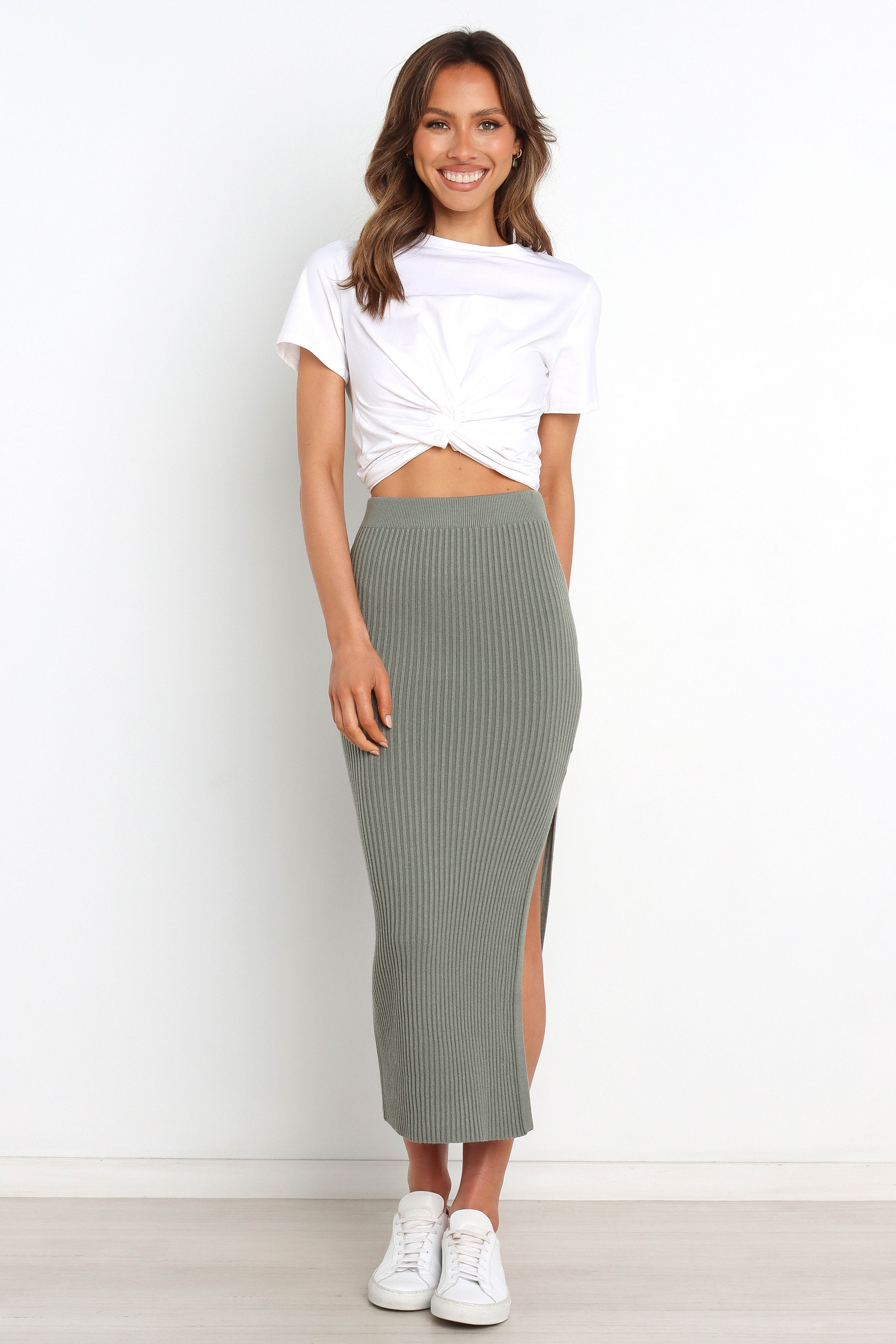 Bowen Olive Midi Skirt with Side Split & Elastic Waist