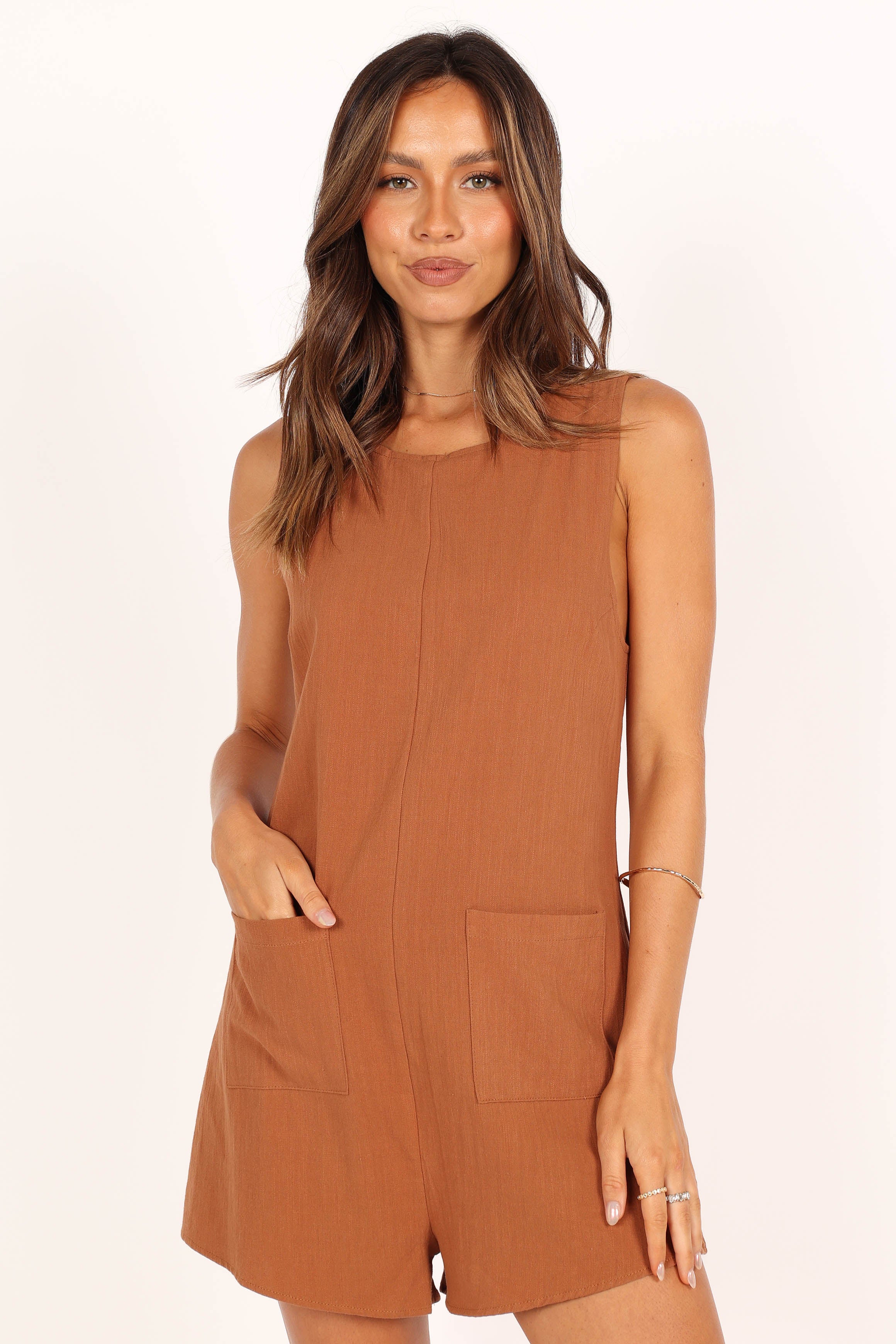 Women's Tan Cotton Romper with Pockets - Dory Playsuit