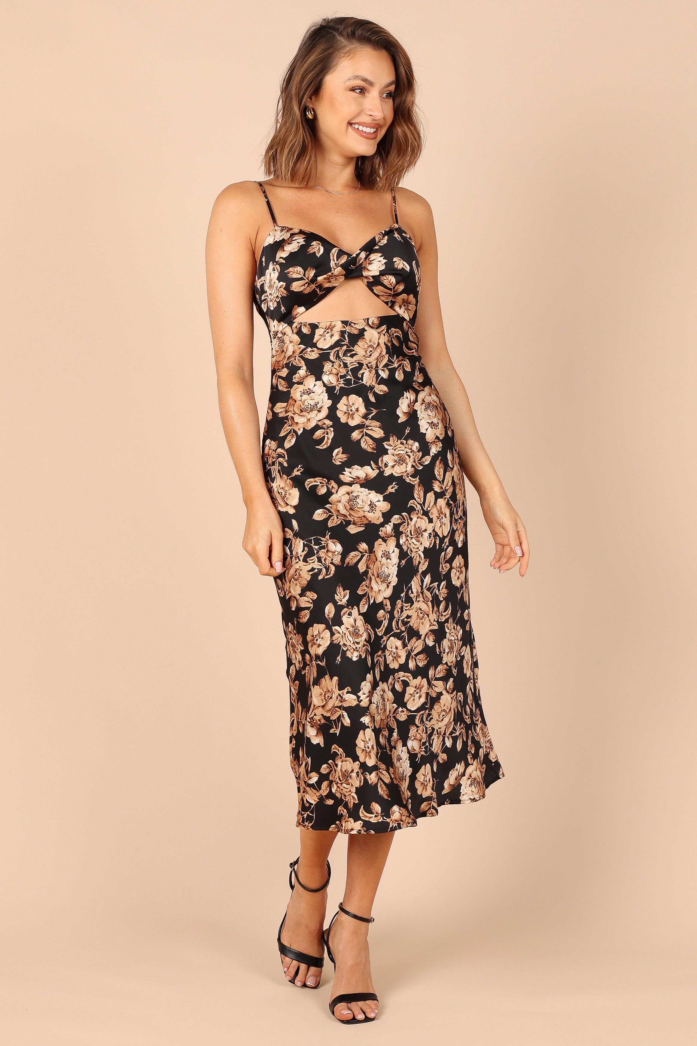Black Floral Cut Out Midi Dress with Sweetheart Neckline