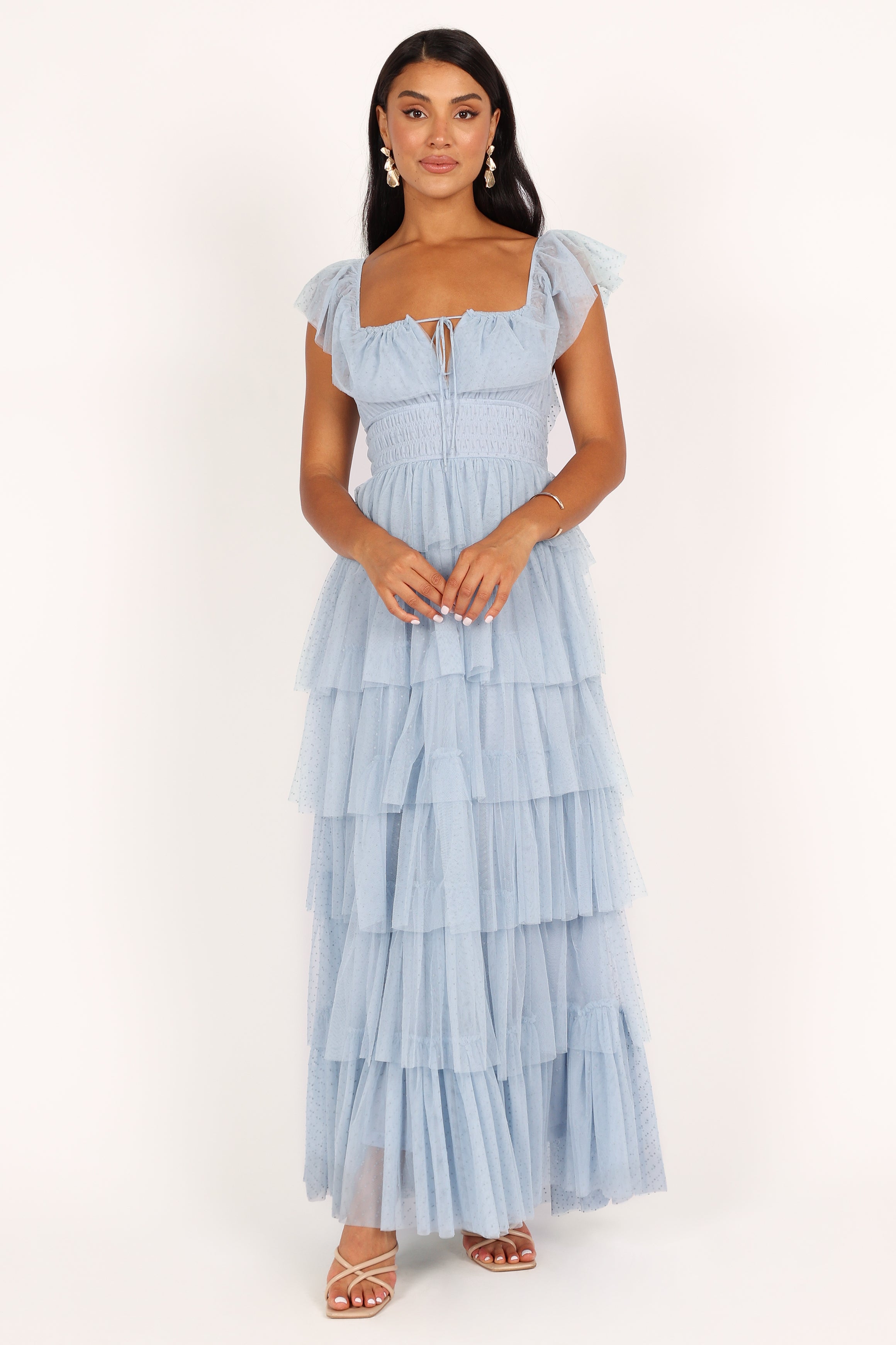 Blue Tulle Maxi Dress with Square Neckline & Ruffle Detail