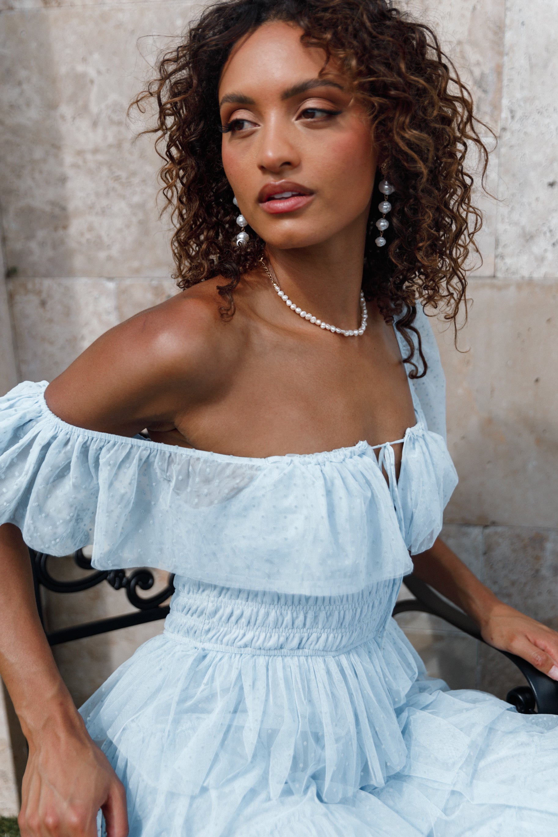 Blue Tulle Maxi Dress with Square Neckline & Ruffle Detail