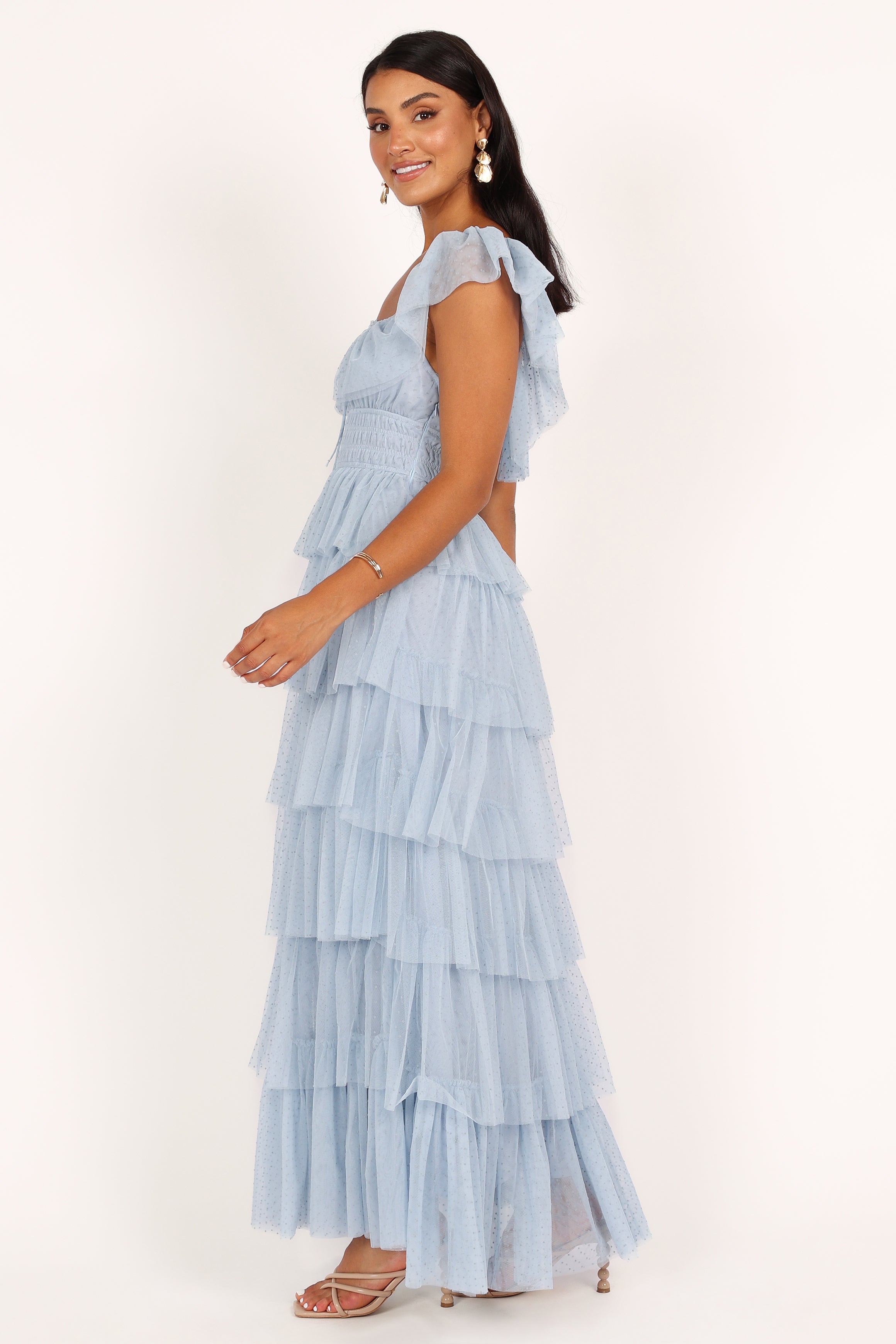 Blue Tulle Maxi Dress with Square Neckline & Ruffle Detail