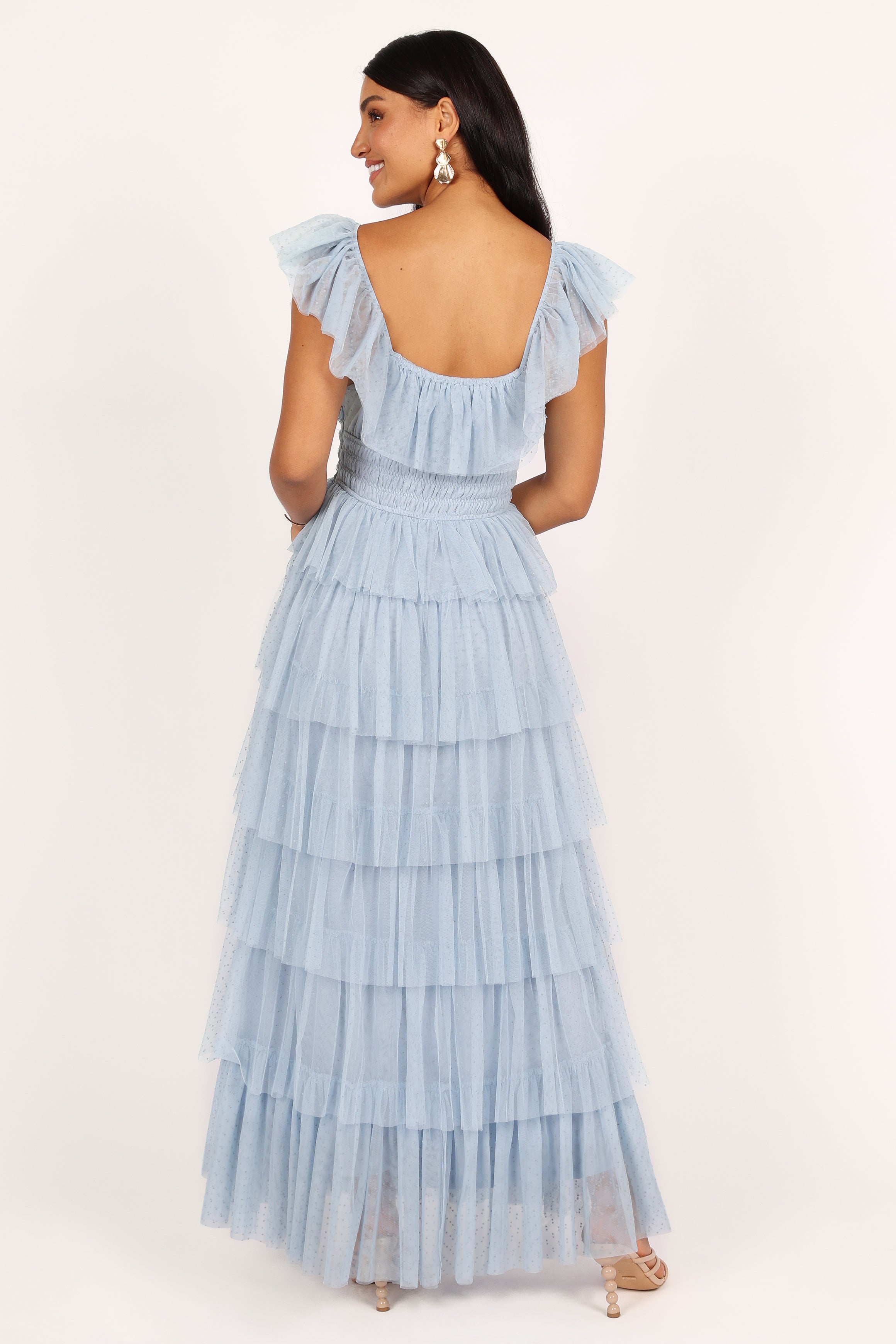 Blue Tulle Maxi Dress with Square Neckline & Ruffle Detail